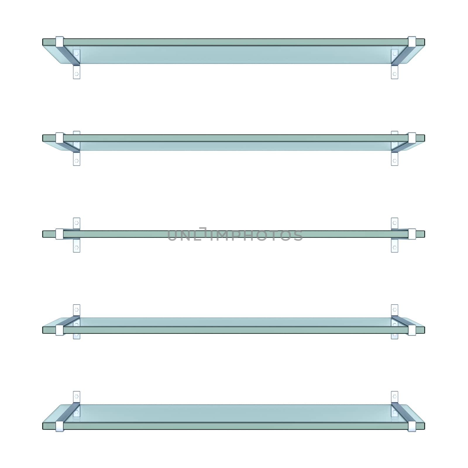 Realistic transparent glass shelves on white background. 3d illustration