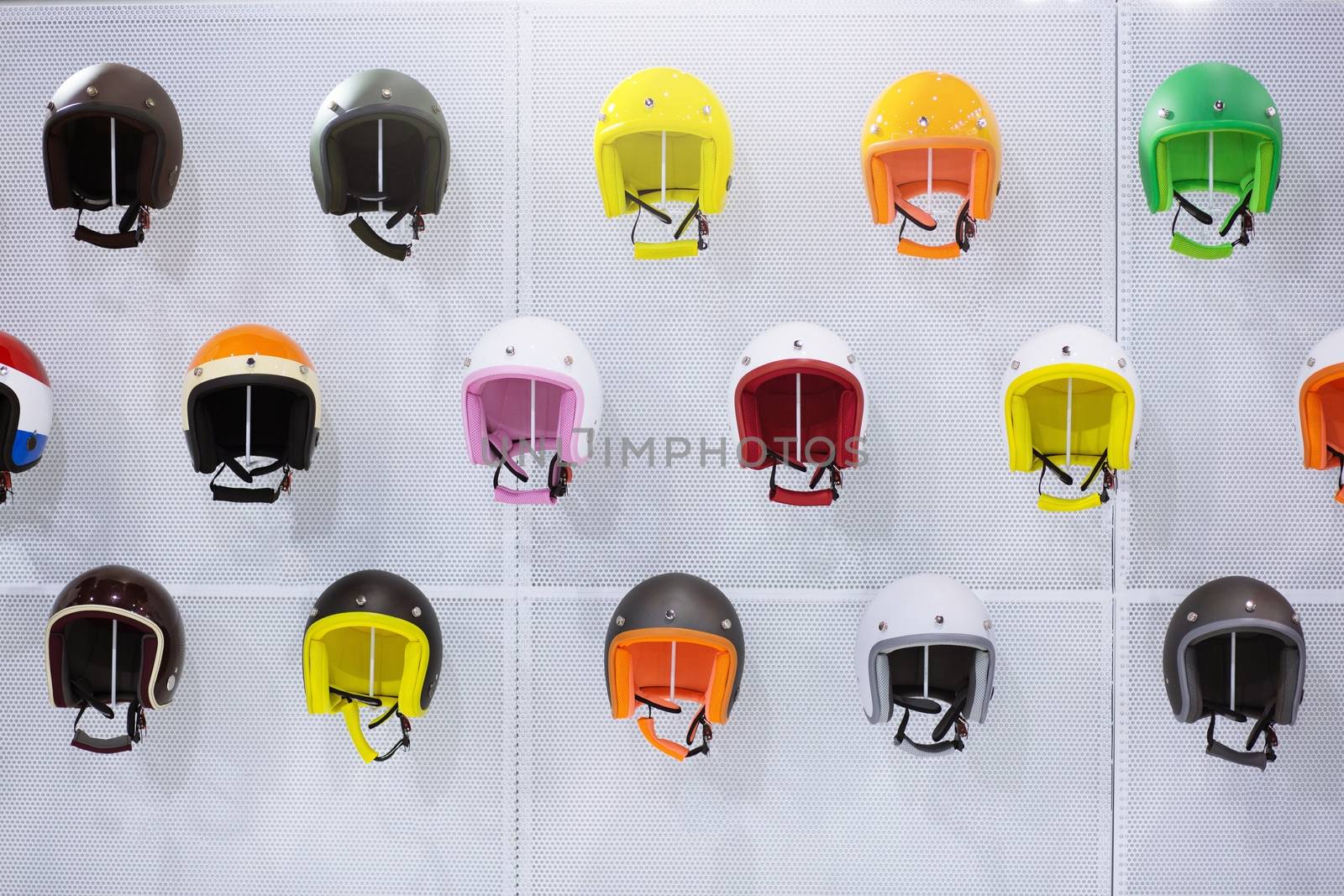 Motorcycle helmets are at the shop.