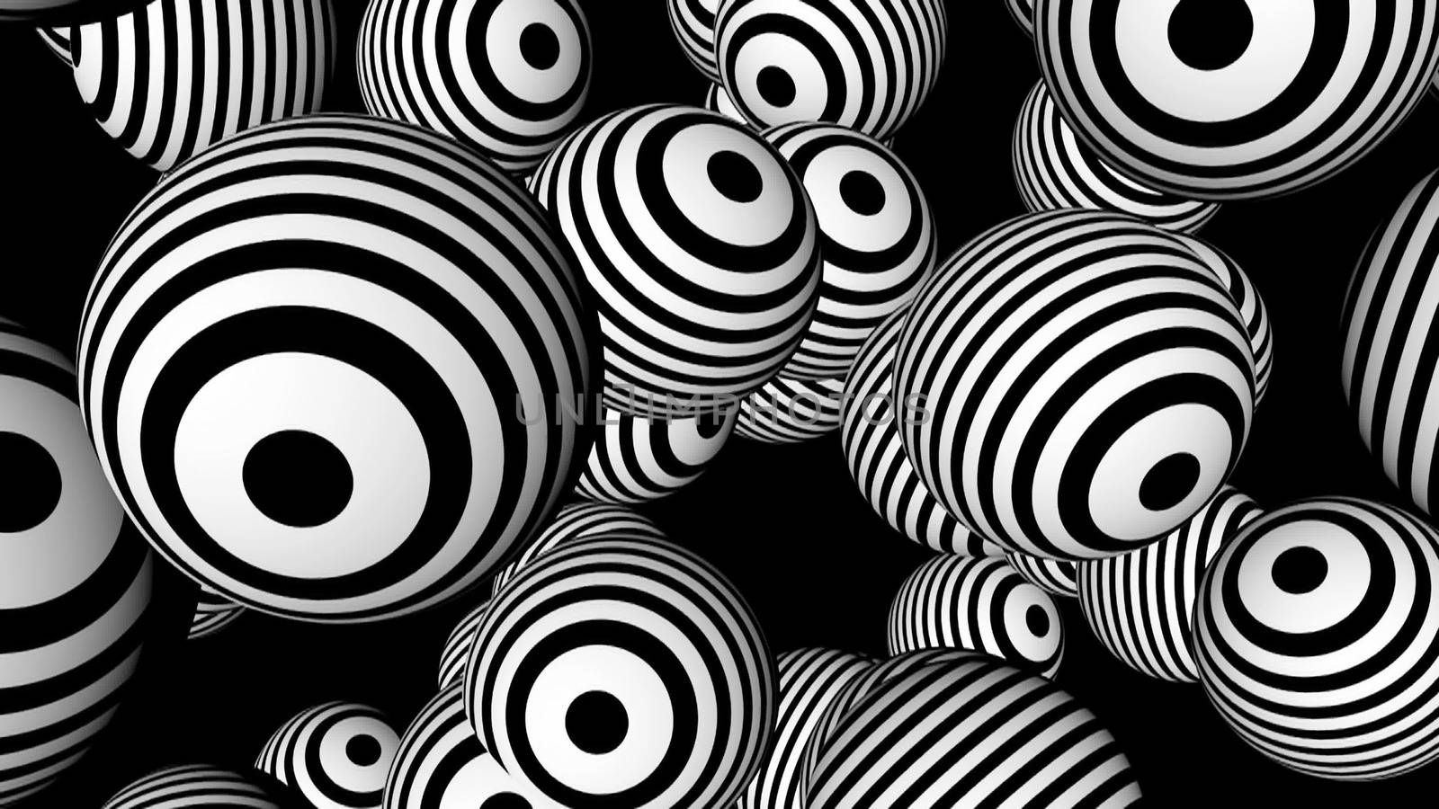 Abstract background with black and white spheres. Seamless loop