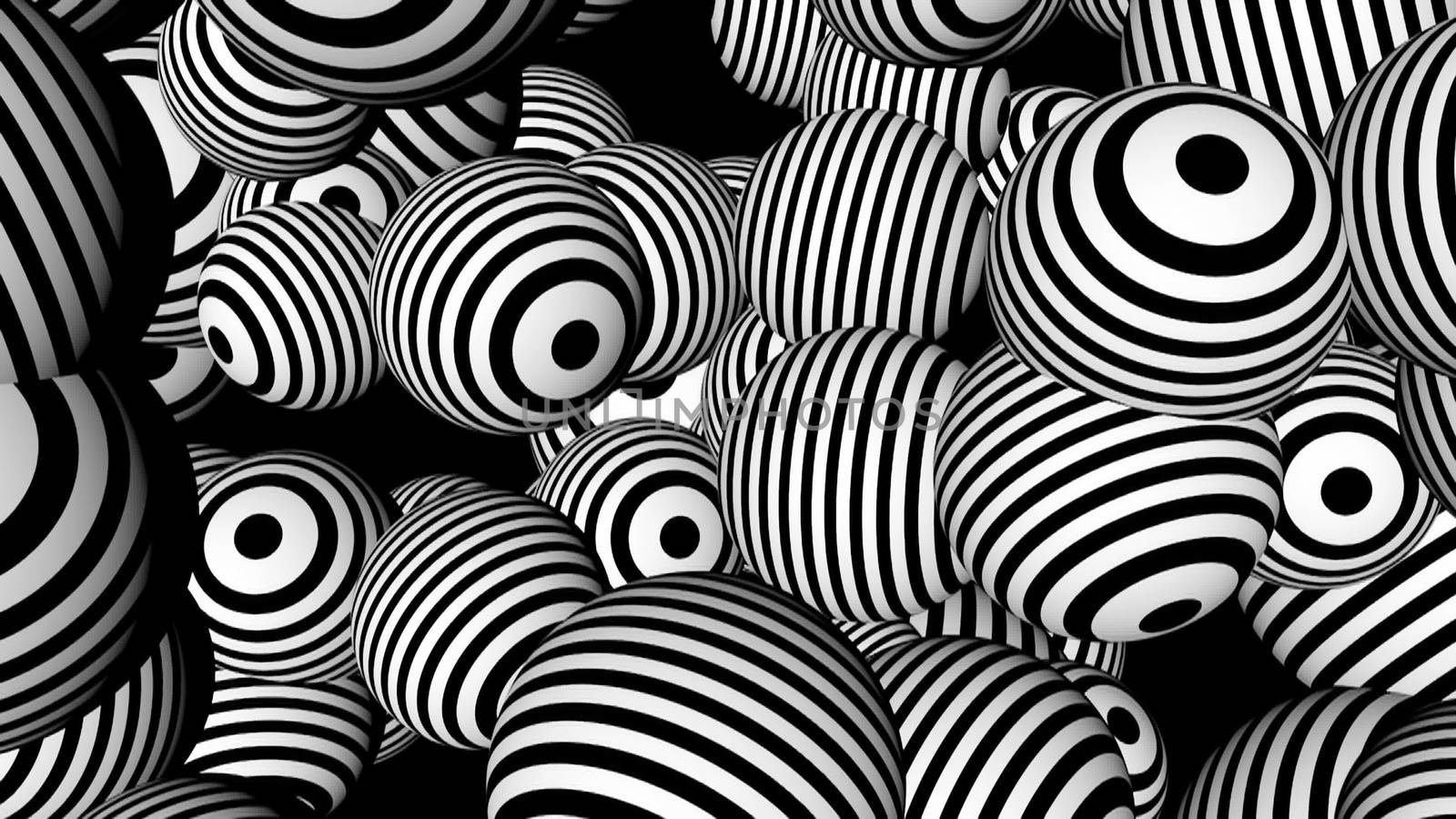 Abstract background with black and white spheres. Seamless loop