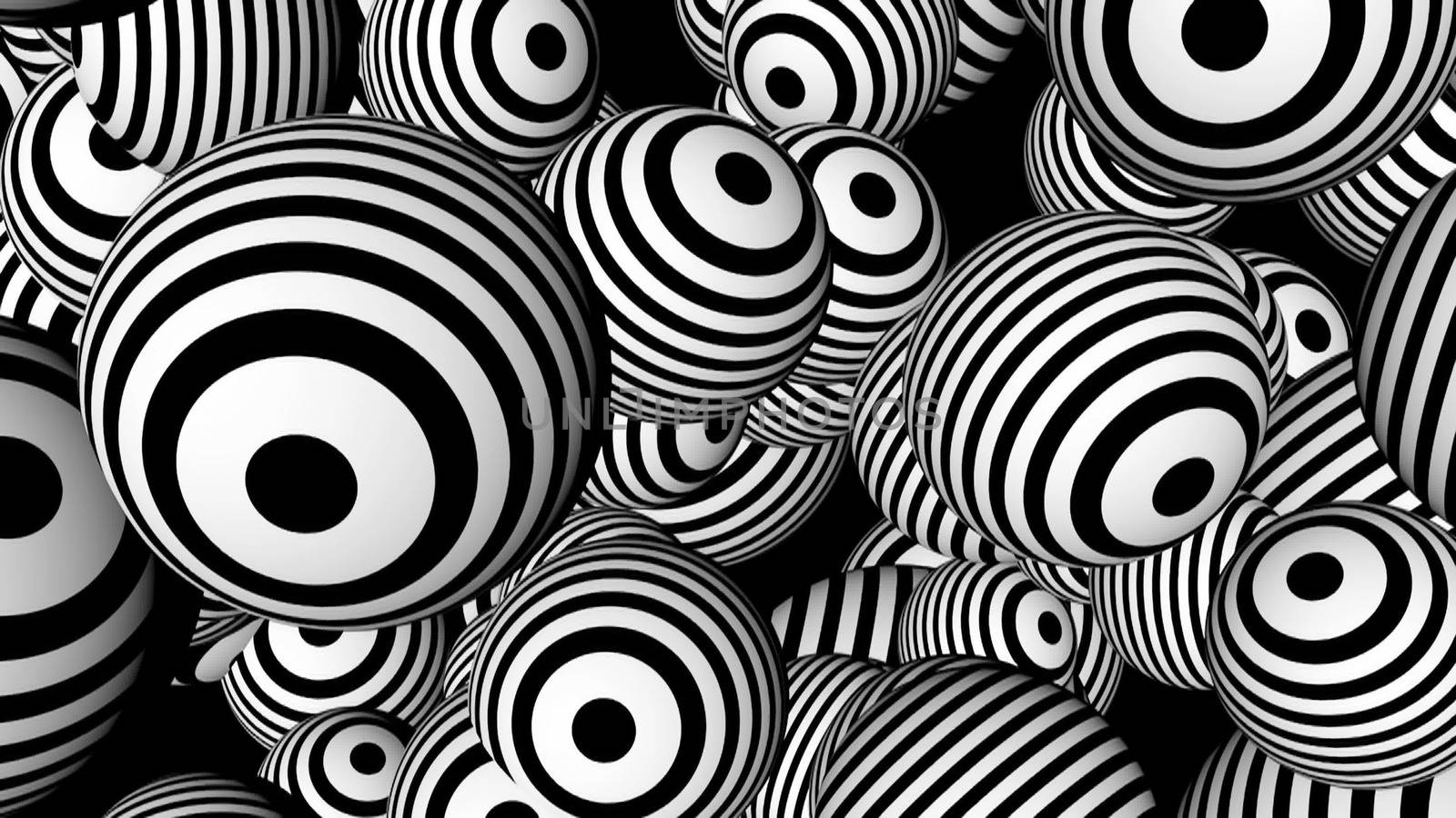 Abstract background with black and white spheres. Seamless loop