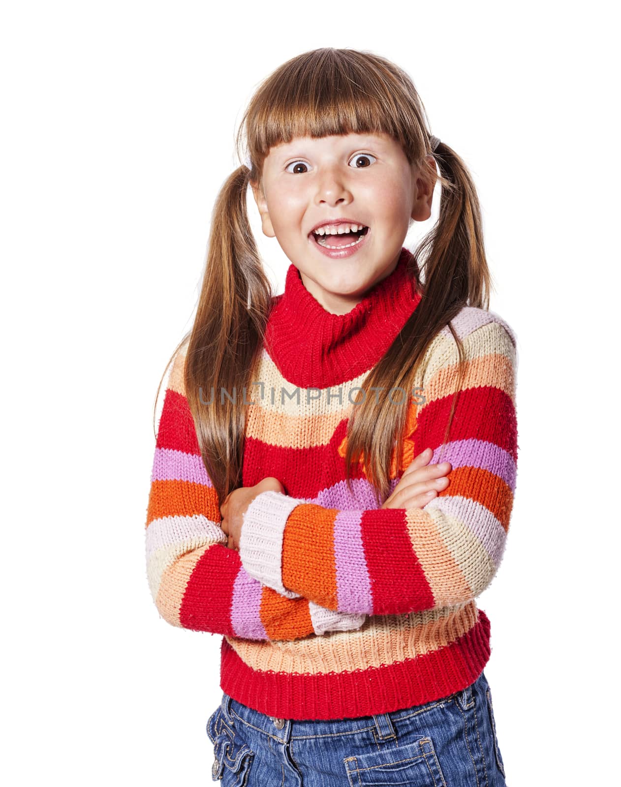 Happy laughing six years girl portrait isolated