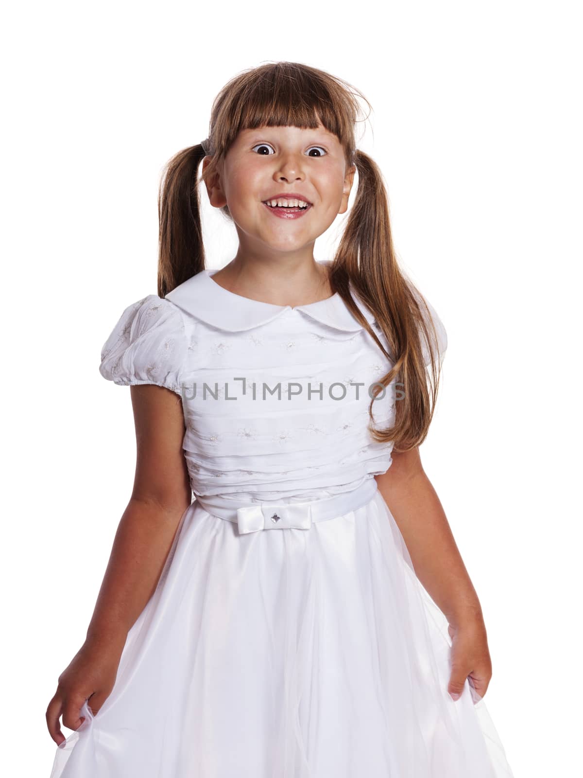 Happy smiling six years girl portrait isolated