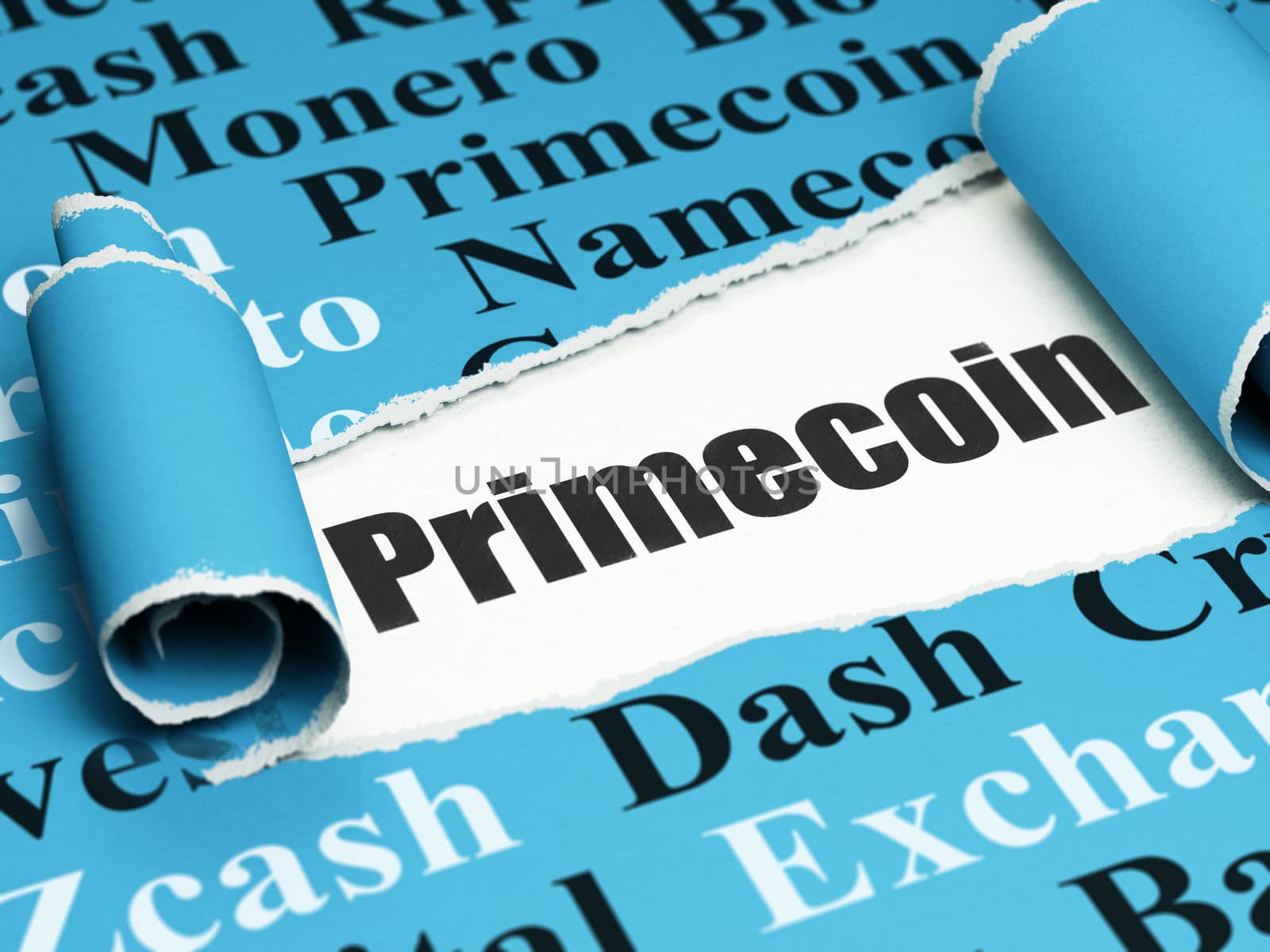 Blockchain concept: black text Primecoin under the curled piece of Blue torn paper with  Tag Cloud, 3D rendering