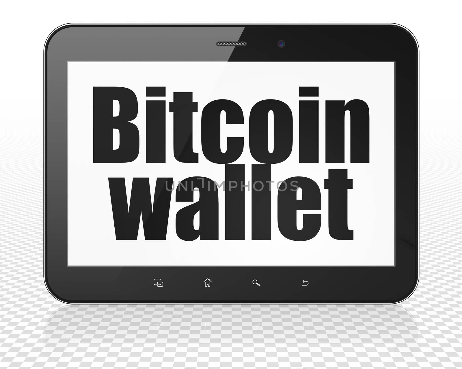 Blockchain concept: Tablet Pc Computer with black text Bitcoin Wallet on display, 3D rendering