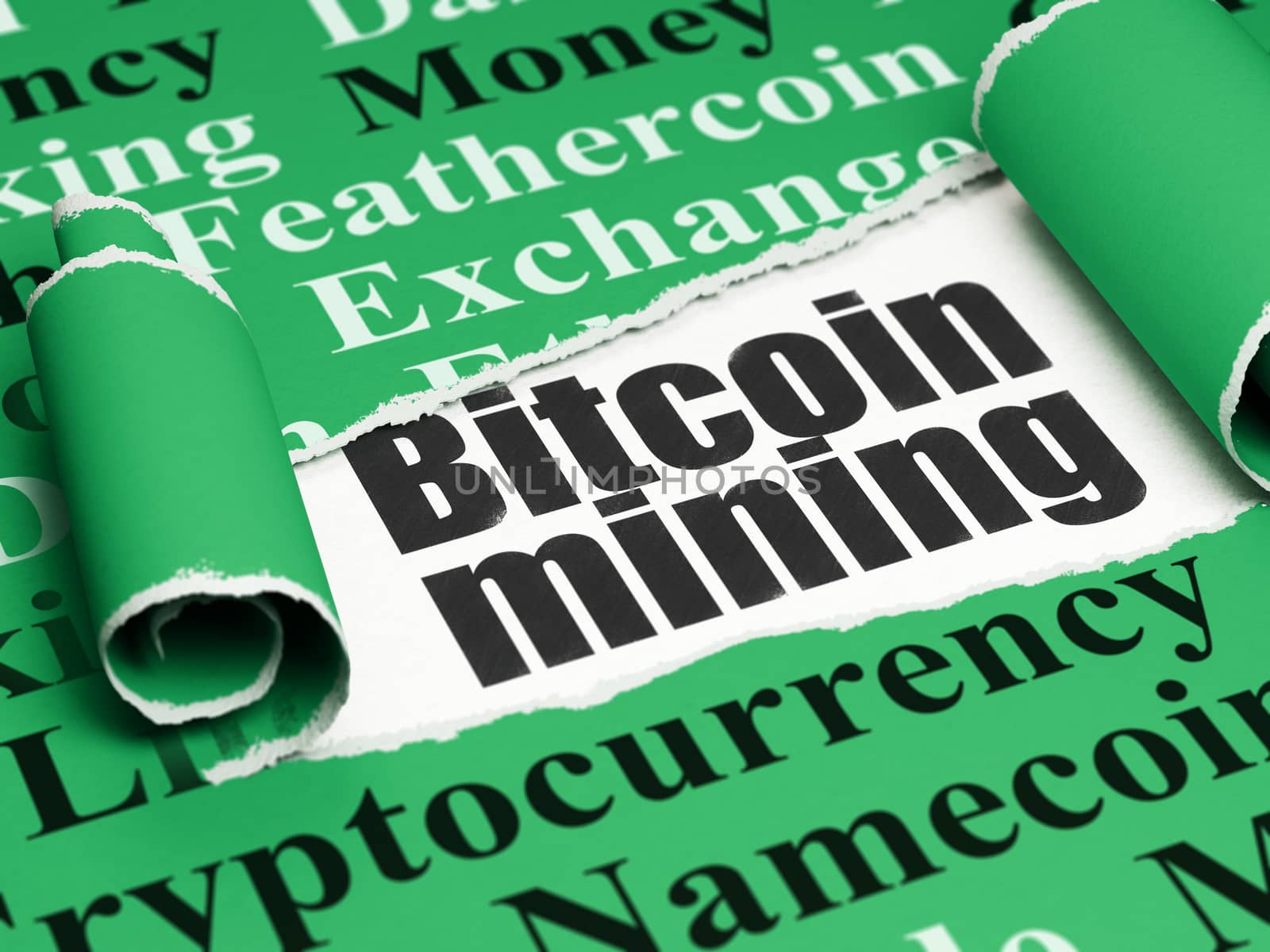Blockchain concept: black text Bitcoin Mining under the curled piece of Green torn paper with  Tag Cloud, 3D rendering