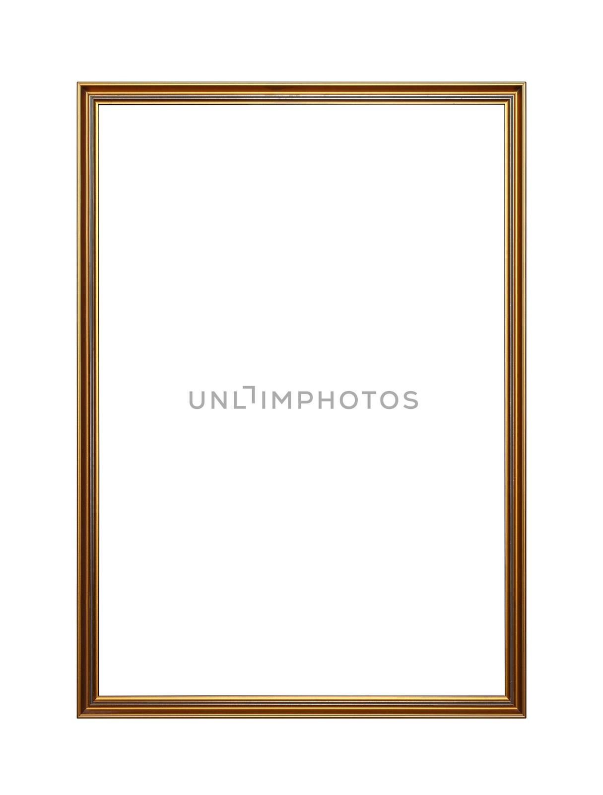 Simple vintage old wooden classic golden painted vertical rectangular frame for picture or photo, isolated on white background, close up