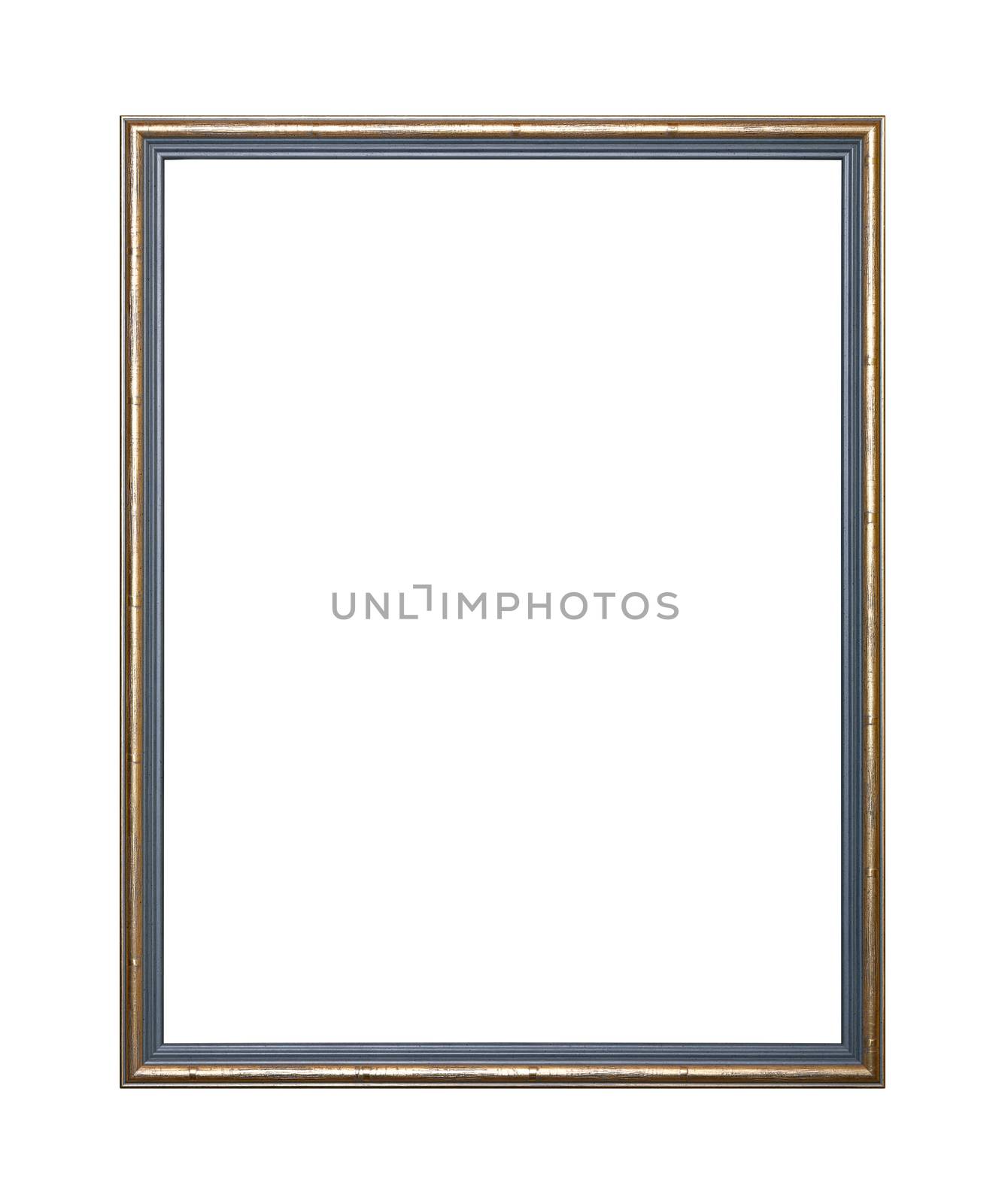 Vintage old wooden classic Golden and grey painted vertical rectangular frame for picture, photo or mirror, isolated on white background, close up