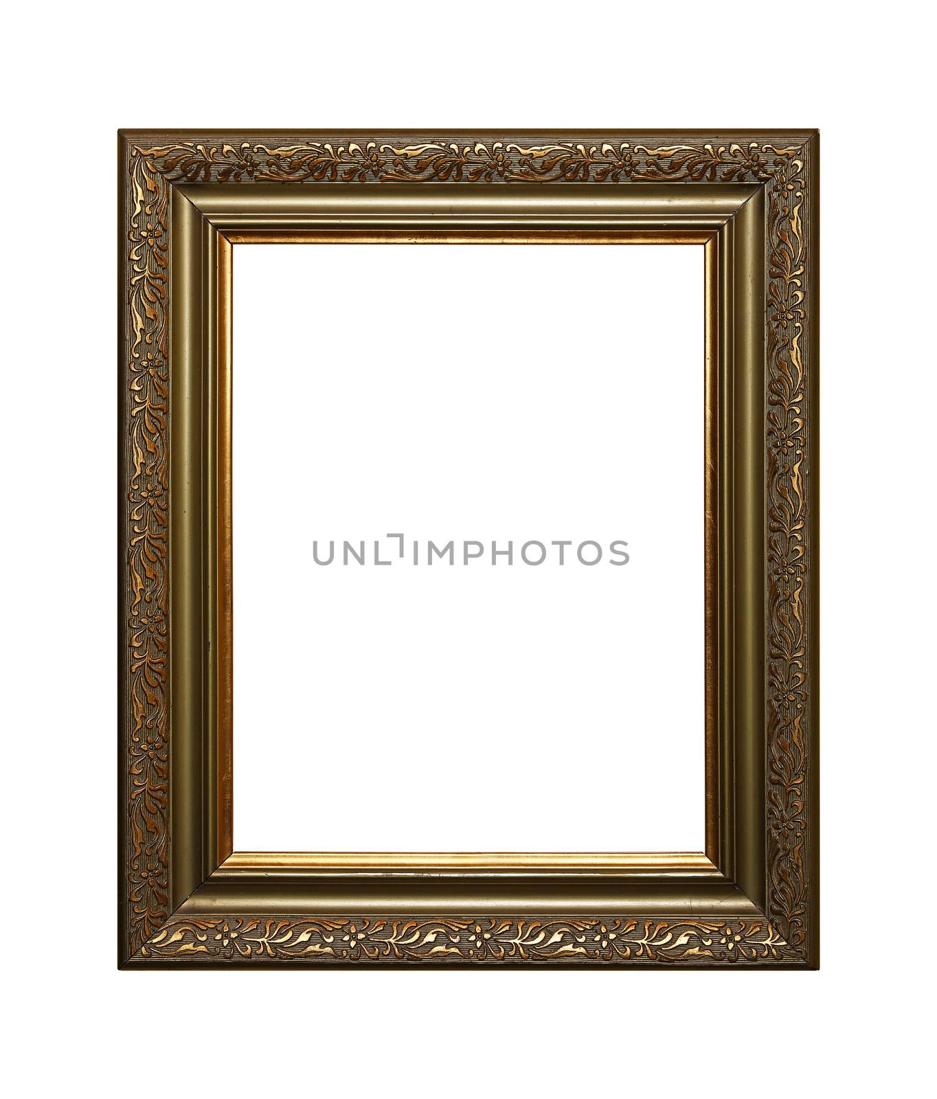 Antique old baroque ornate wooden classic golden painted vertical rectangular frame for picture, photo or mirror, isolated on white background, close up