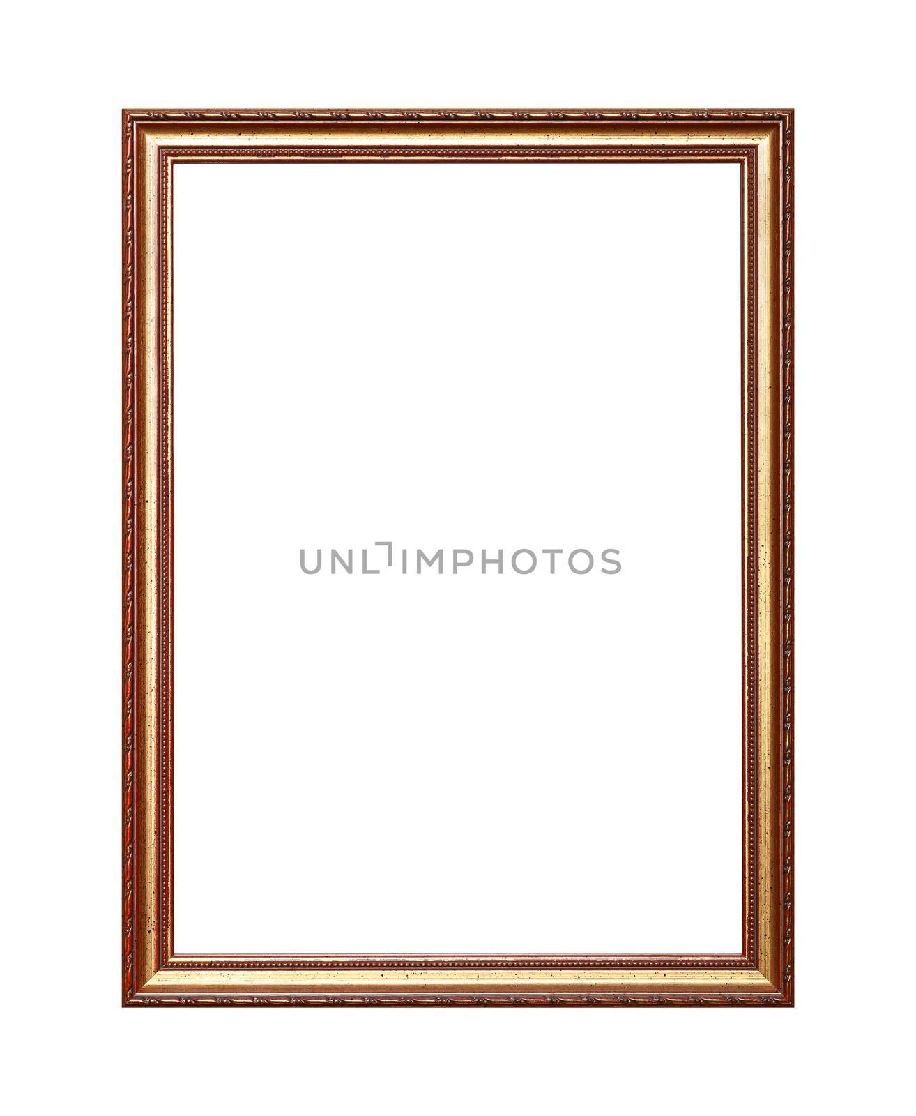 Antique old baroque ornate wooden classic golden painted vertical rectangular frame for picture, photo or mirror, isolated on white background, close up