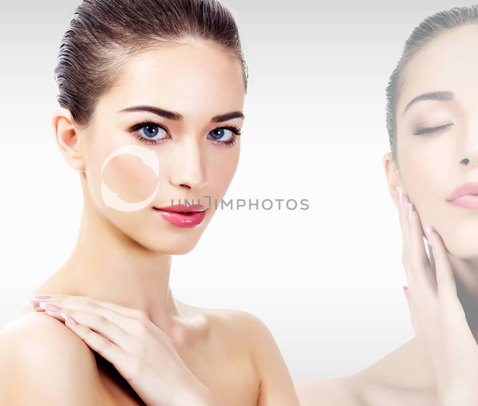 Young woman's face, antiaging concept, grey background. by Nobilior