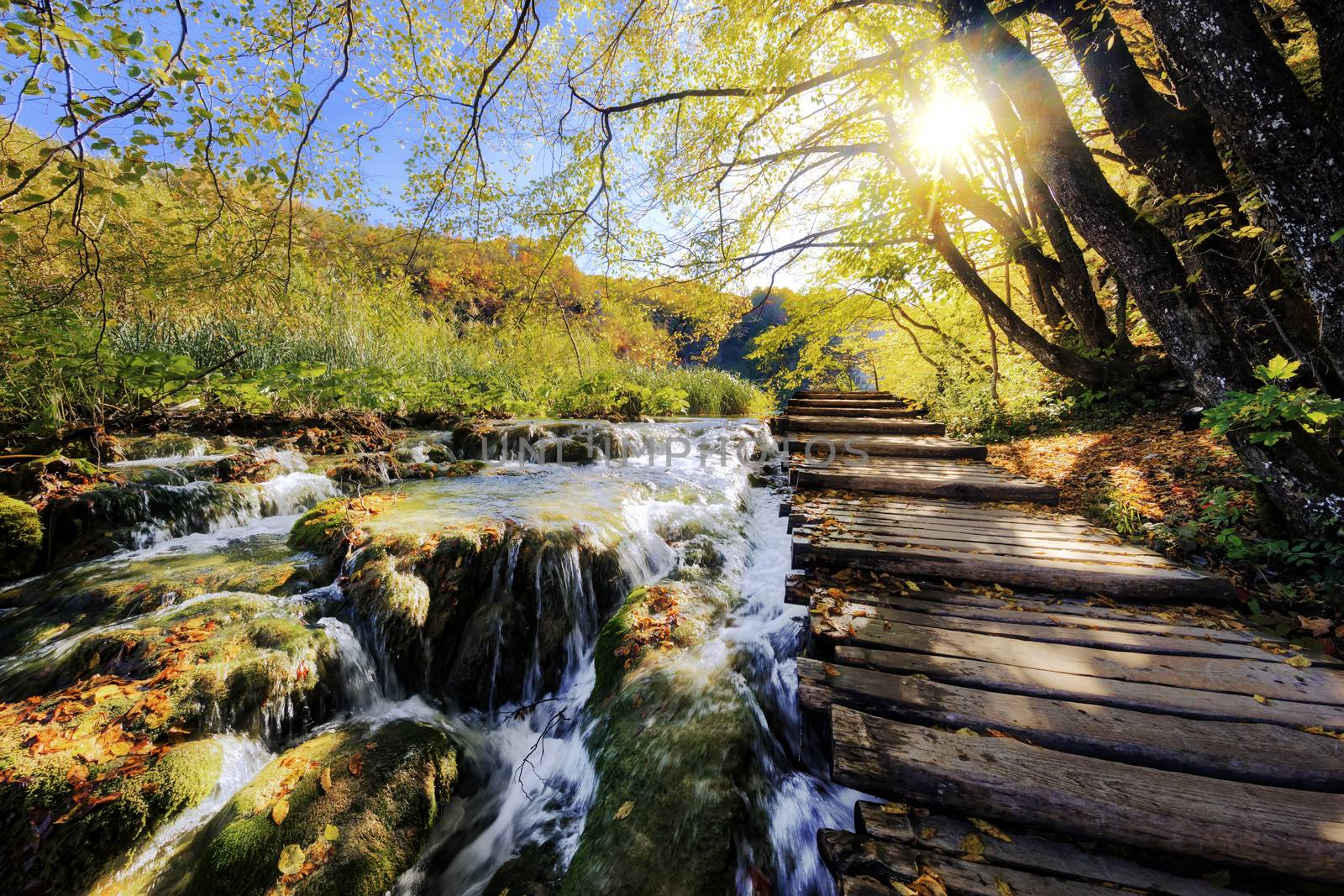 Waterfalls and pontoon in the sunshine in Plitvice National Park by vwalakte