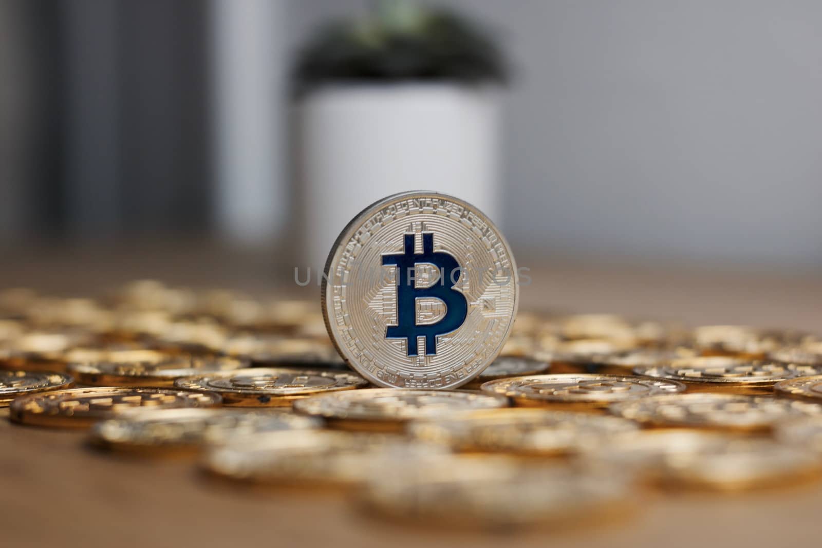 Digital currency physical metal bitcoin coin on the gold money background. Money concept.