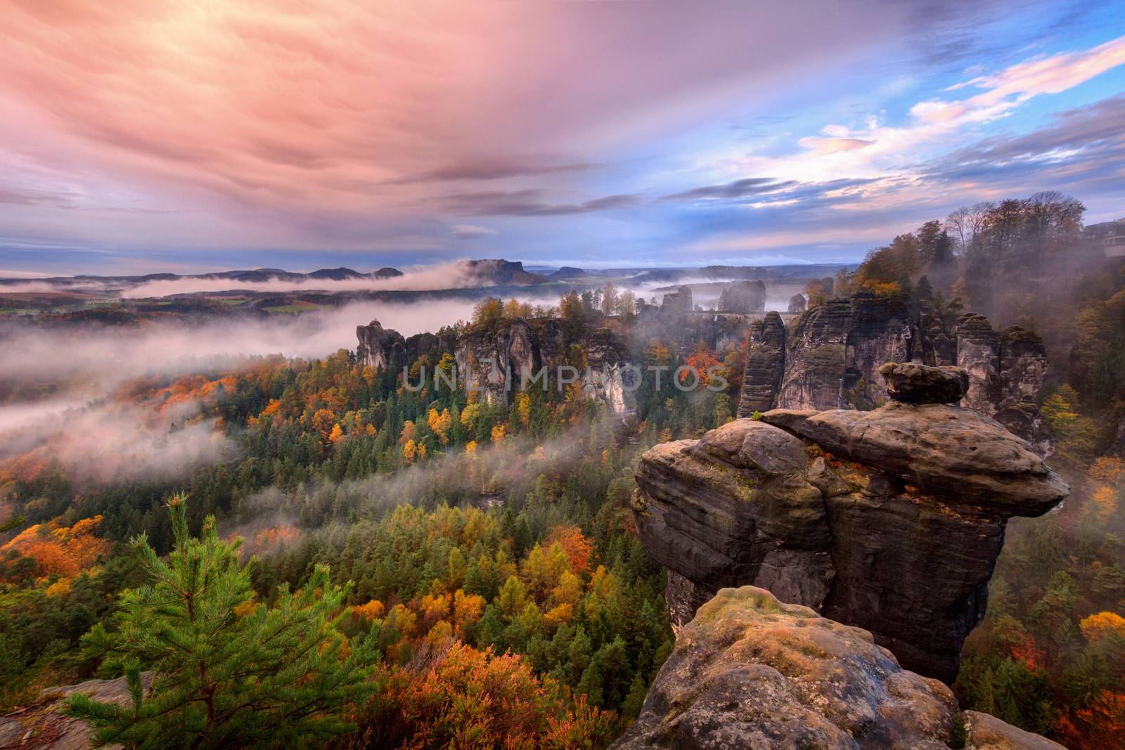 Foggy sunrise in the Saxon Switzerland, Germany, view from the Bastei lookout point. by zhu_zhu