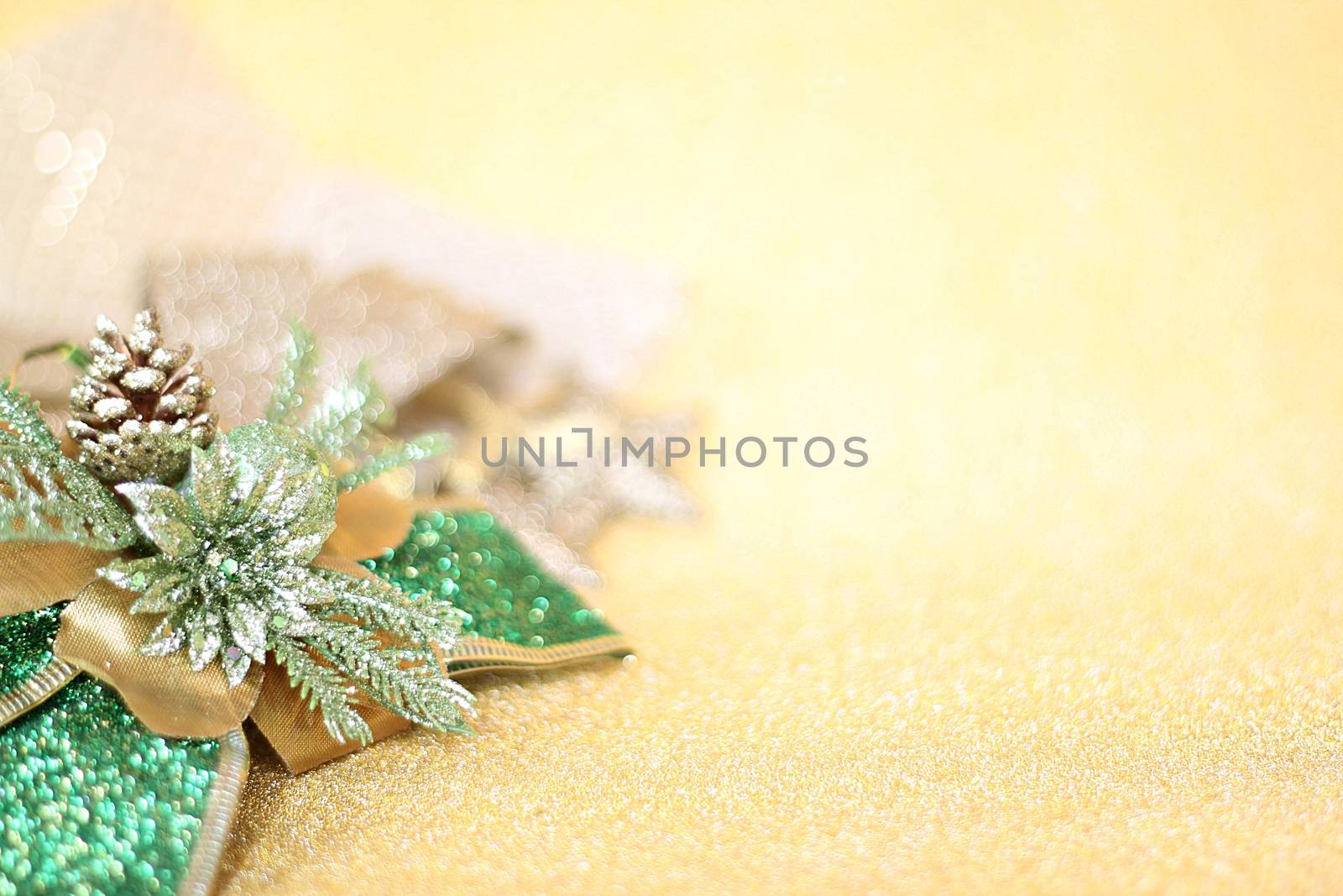 Christmas ornaments on gold glitter lighting background by sureeporn