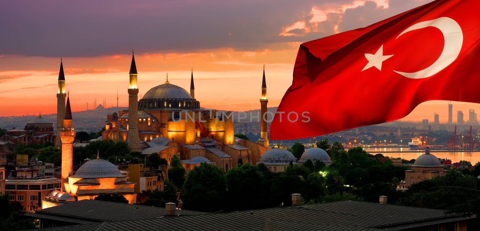 View on Ayasofya museum and cityscape of Istanbul at sunrise, Turkey