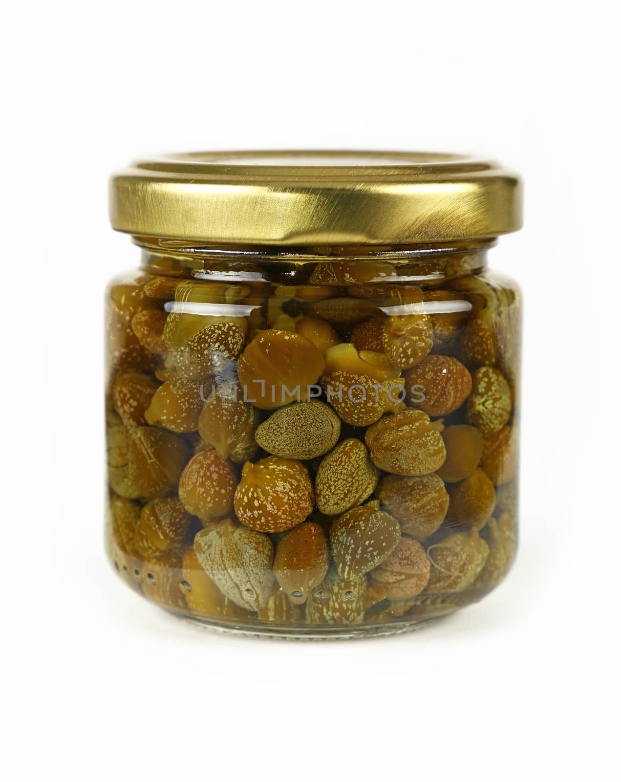 Close up of one small glass jar of pickled capers over white background, low angle side view
