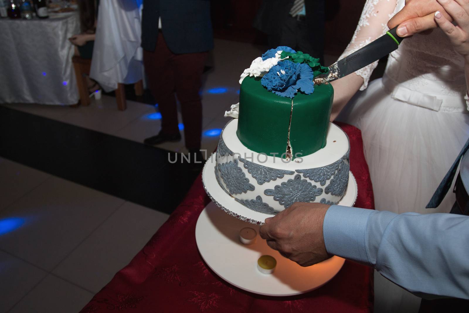 elegant pretty young bride and groom cut the wedding cake.