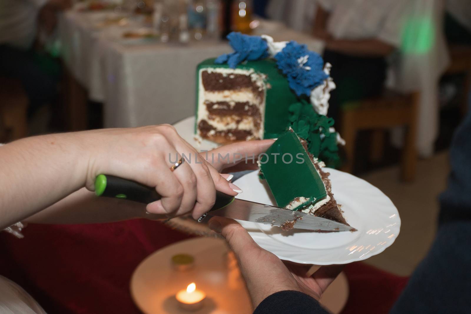 elegant pretty young bride and groom cut the wedding cake.