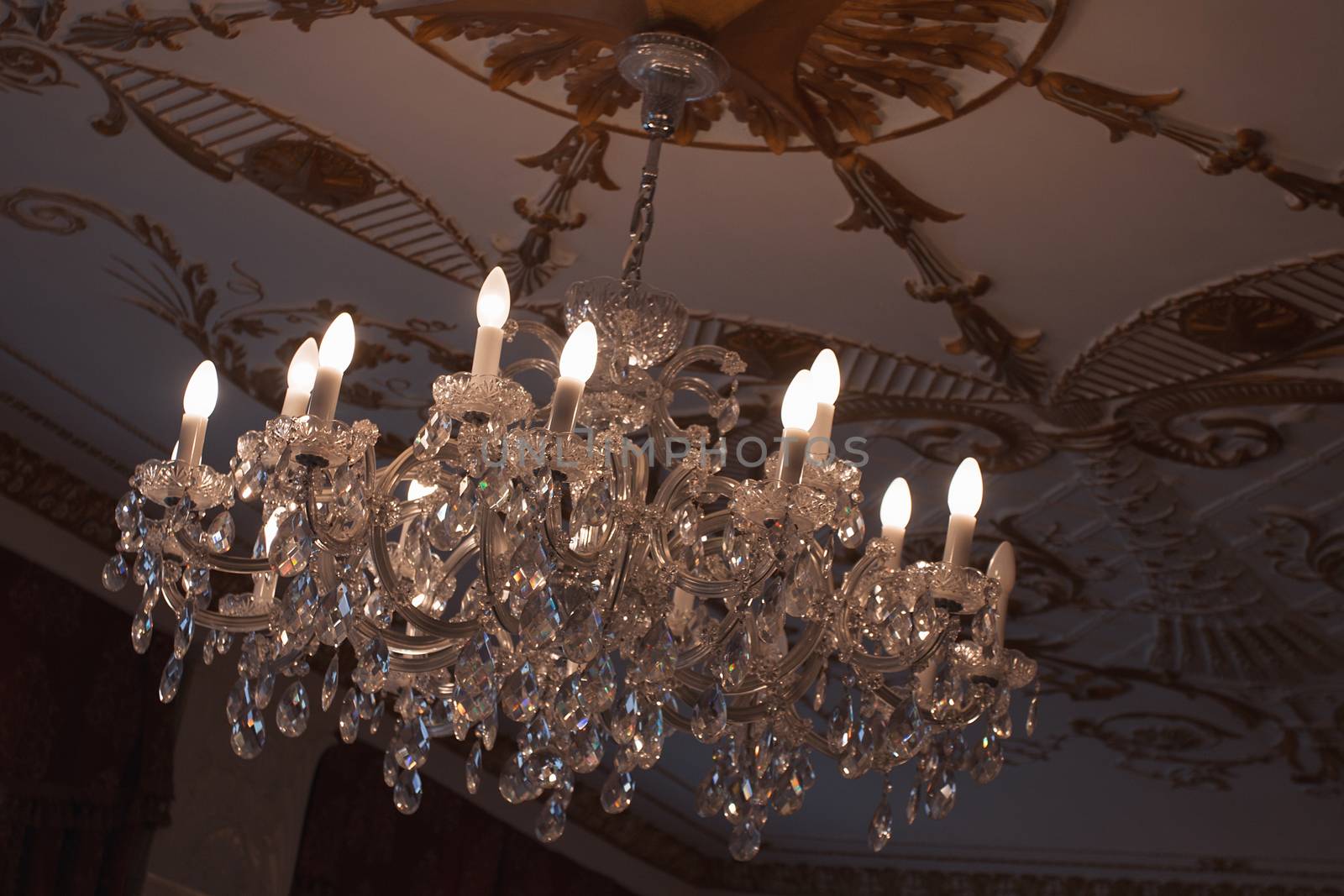 Close up on crystal of contemporary chandelier.