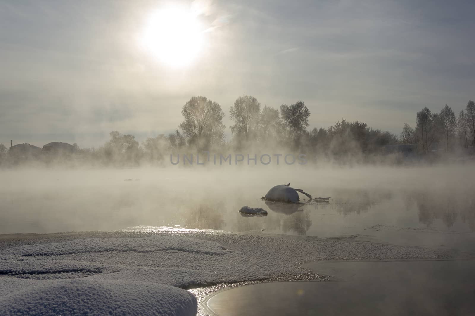 Dawn frosty day , the fog and sun