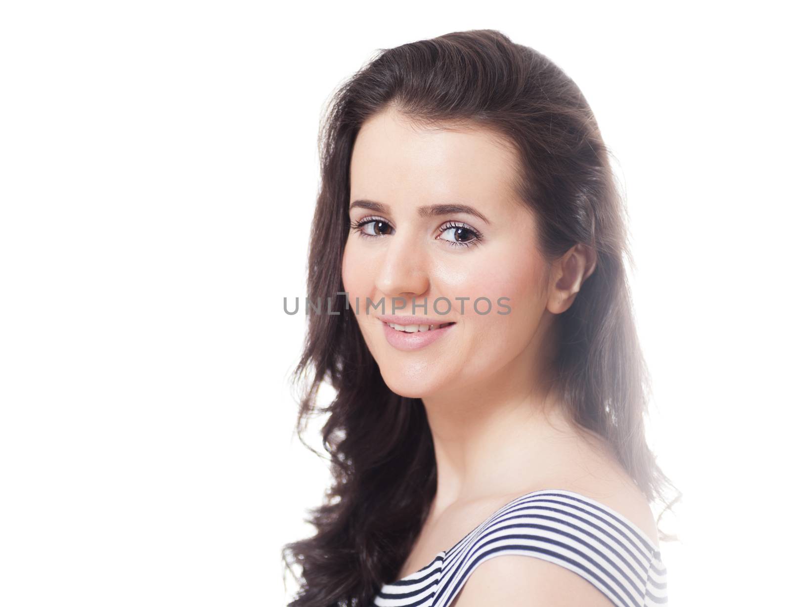  portrait of young woman with long dark hair isolated on white