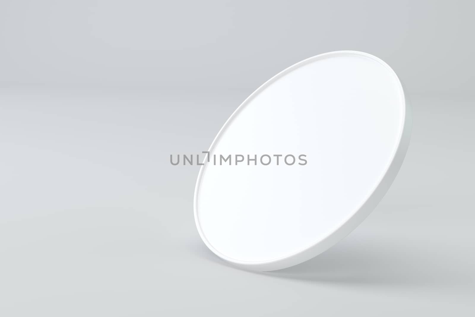 Blank round white signboard on gray background. 3d rendering by Mirexon