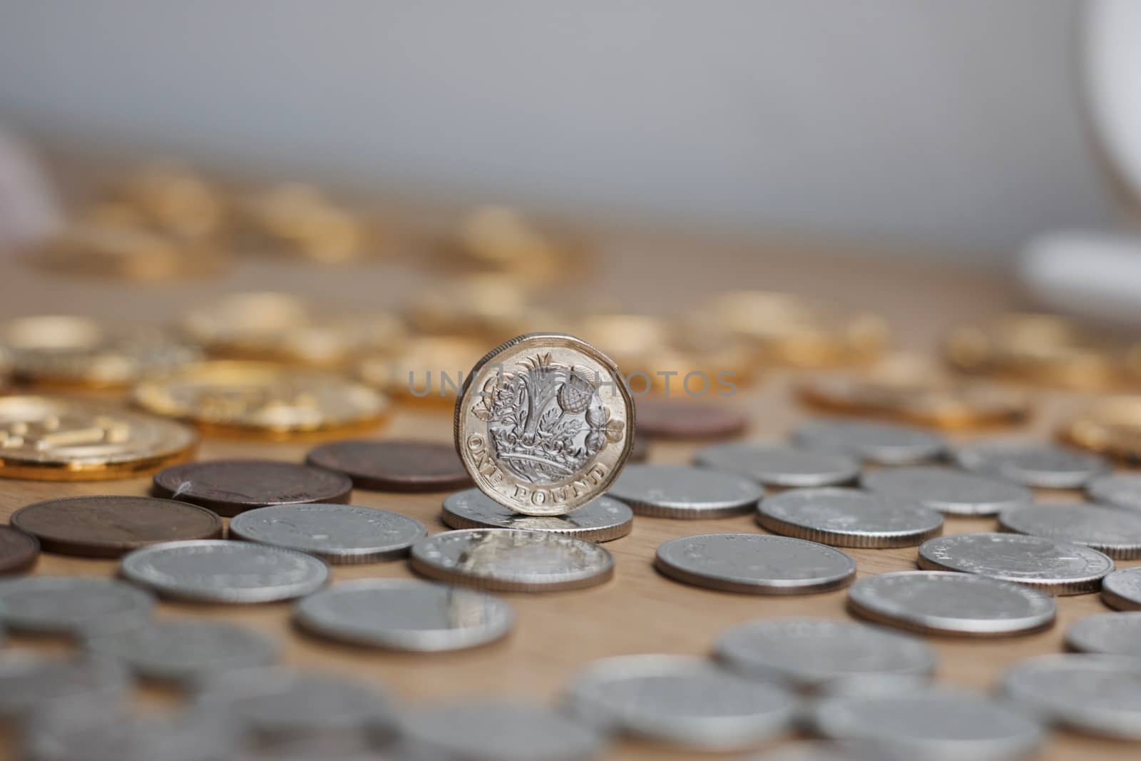 One silver and gold british pound coin. Cash from United Kingdom.