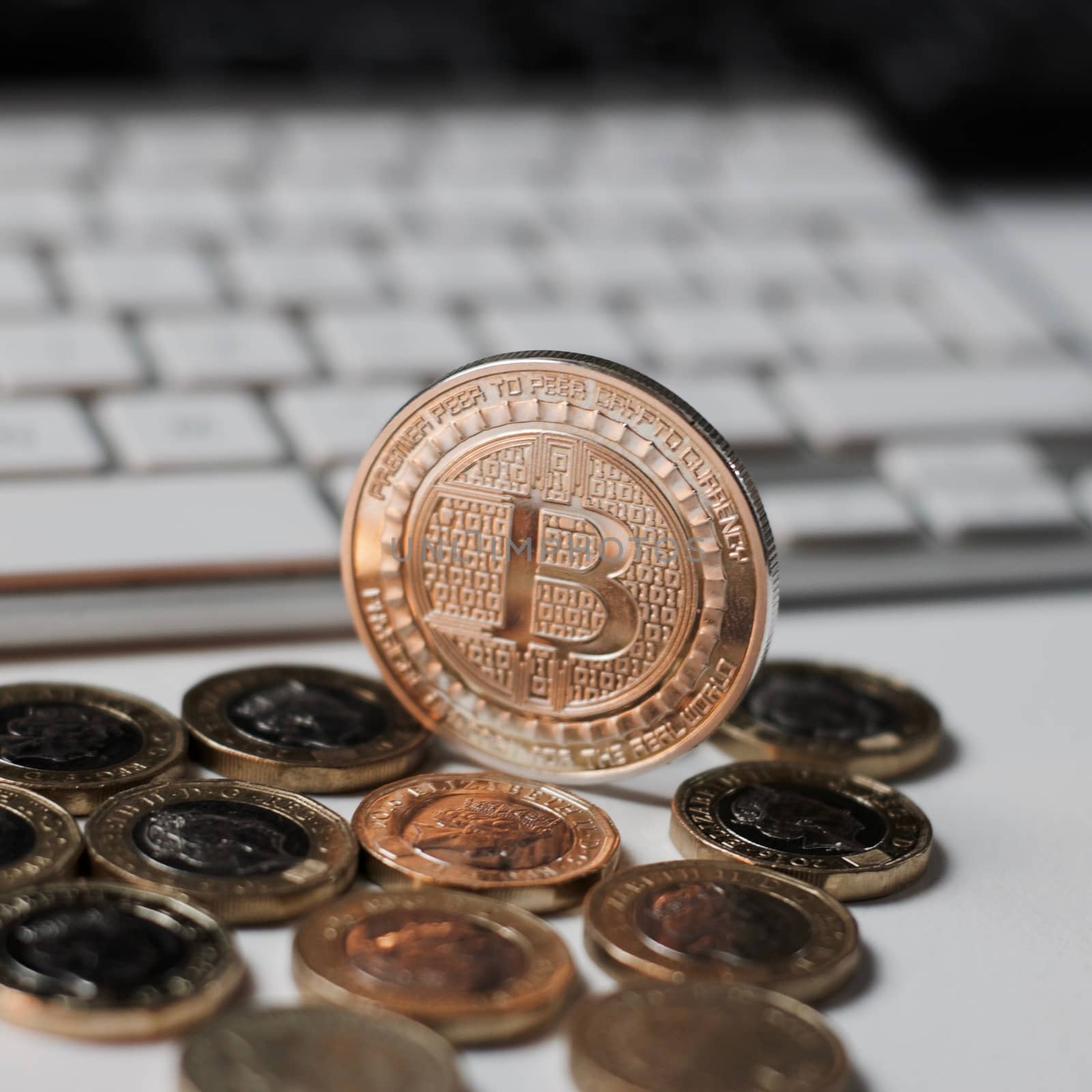 Digital currency physical metal bitcoin coin. Cryptocurrency coins concept.