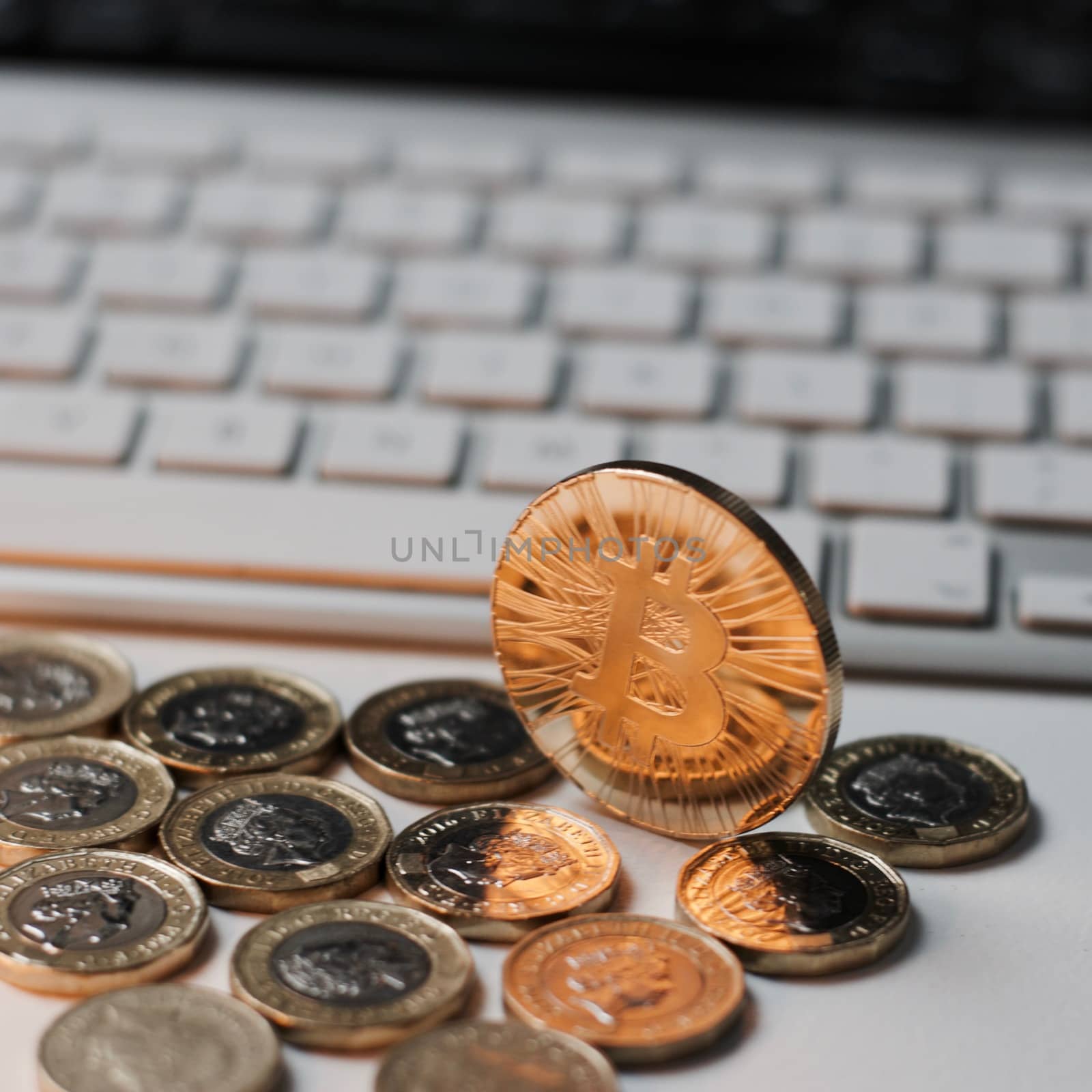 Digital currency physical metal bitcoin coin. Cryptocurrency coins concept.