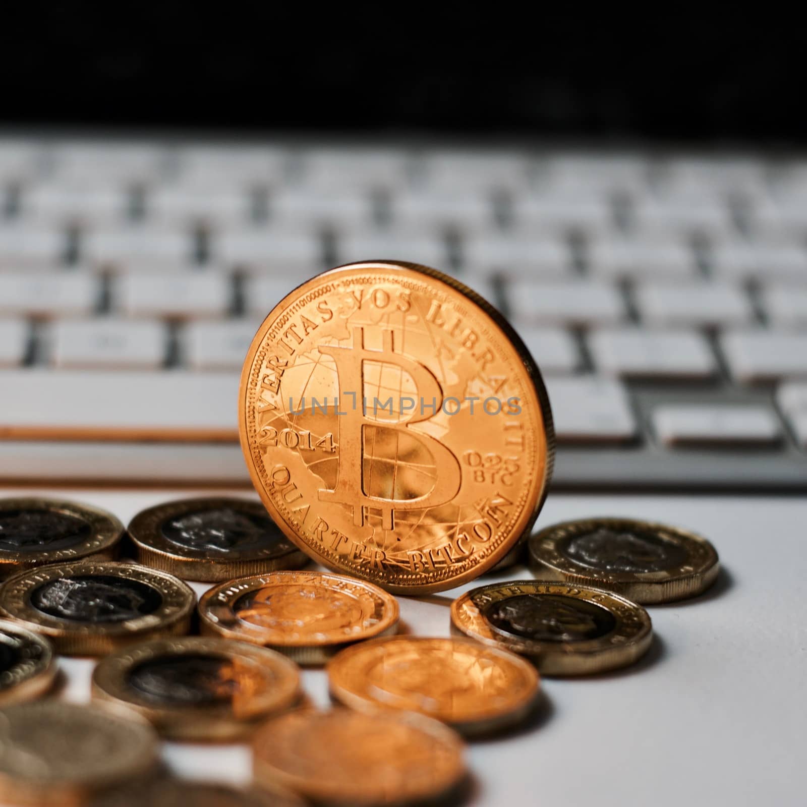 Digital currency physical metal bitcoin coin. Cryptocurrency coins concept.