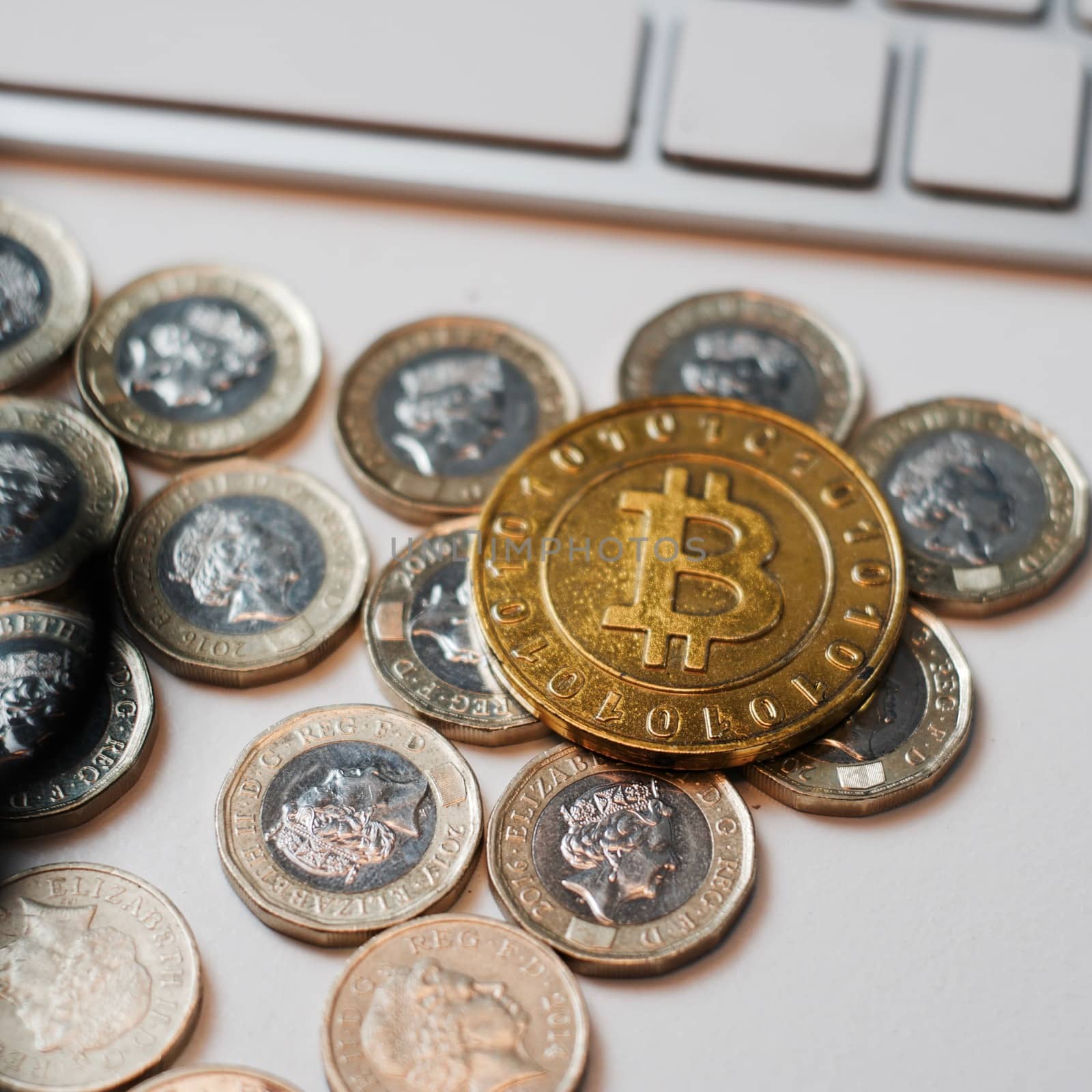 Digital currency physical metal bitcoin coin. Cryptocurrency coins concept.