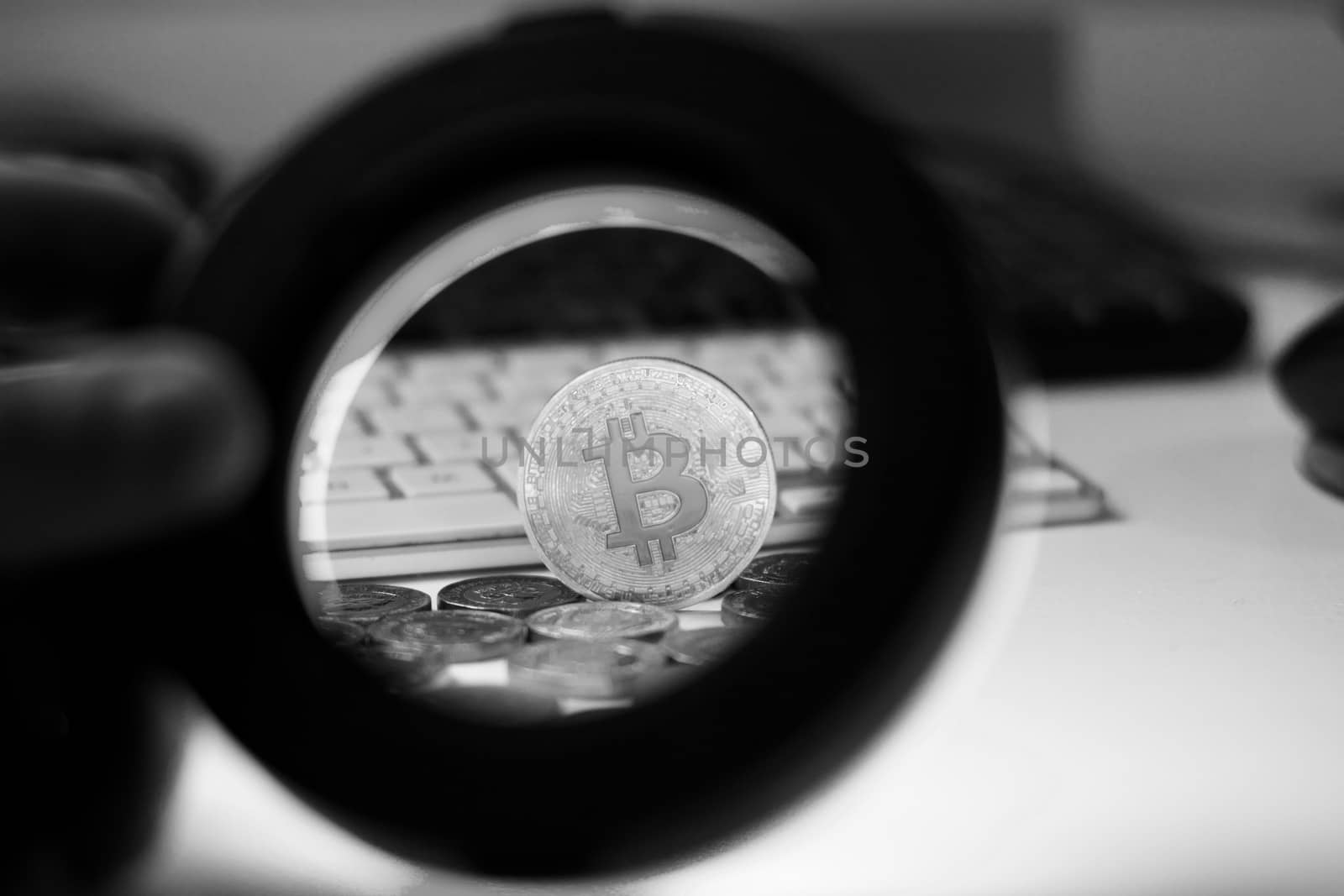 Digital currency physical metal bitcoin coin. Cryptocurrency coins concept.
