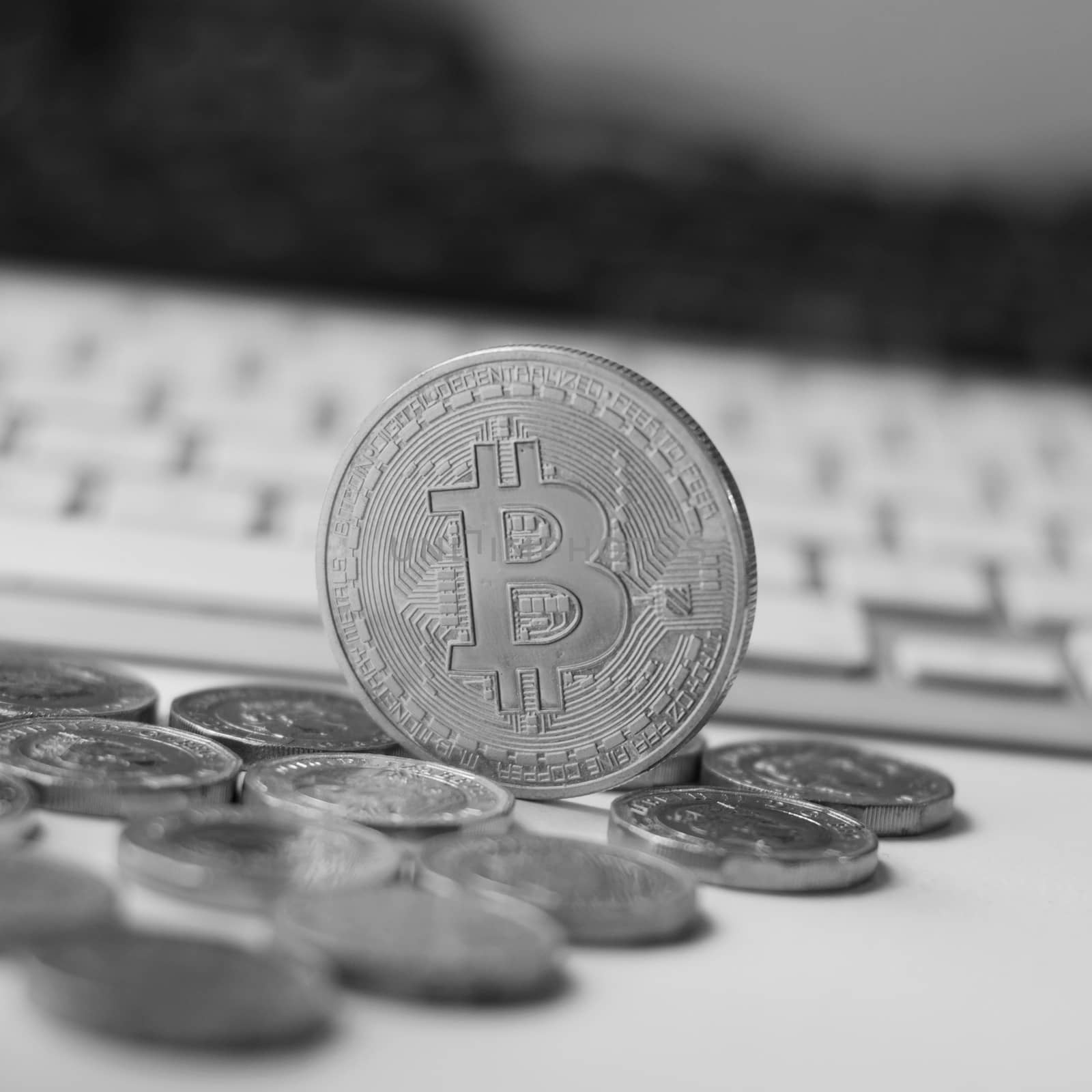Digital currency physical metal bitcoin coin. Cryptocurrency coins concept.