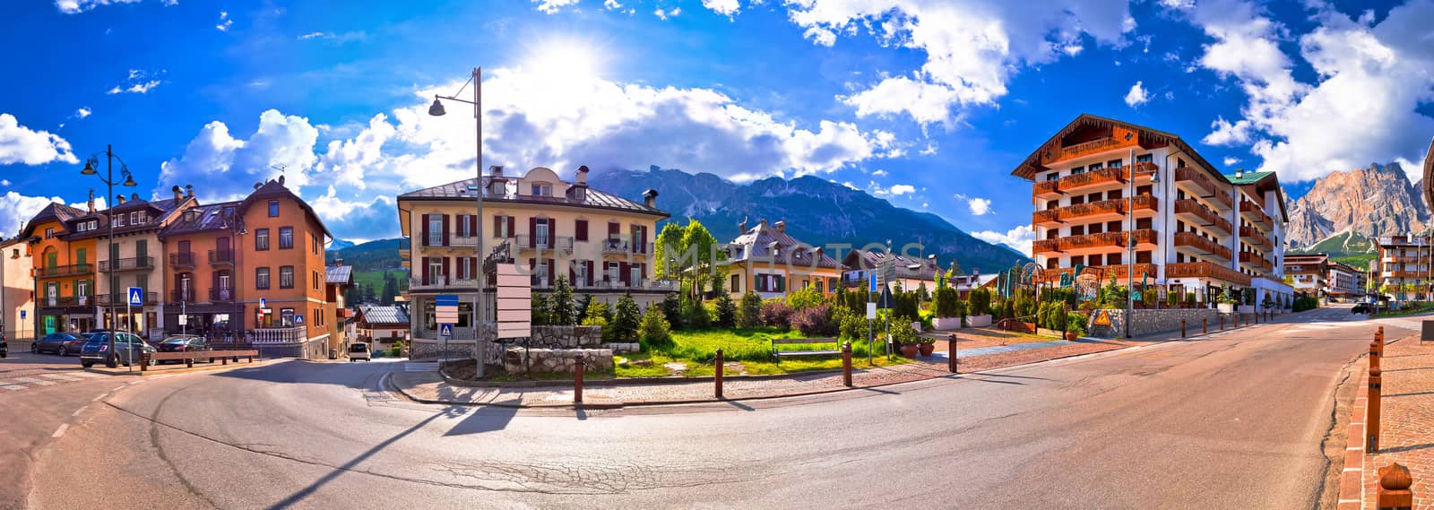 Cortina D' Ampezzo street and Alps peaks panoramic view, Veneto region of Italy