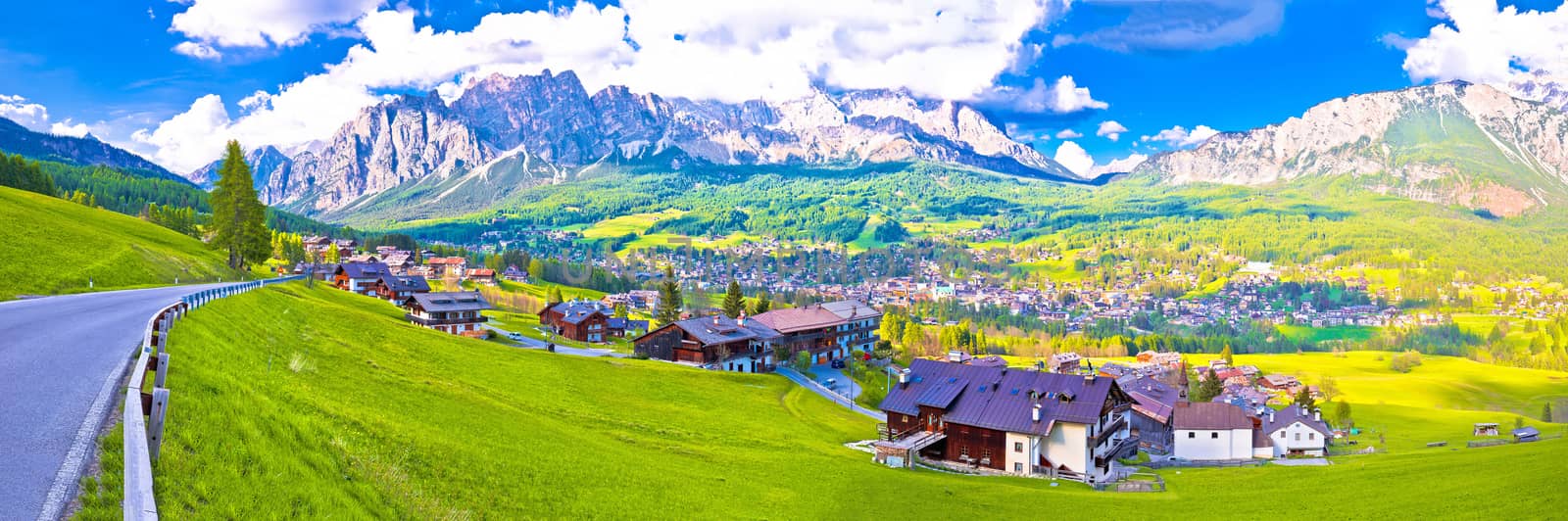Beautiful town of Cortina d' Ampezzo in Dolomites Alps panoramic view, Veneto region of Italy