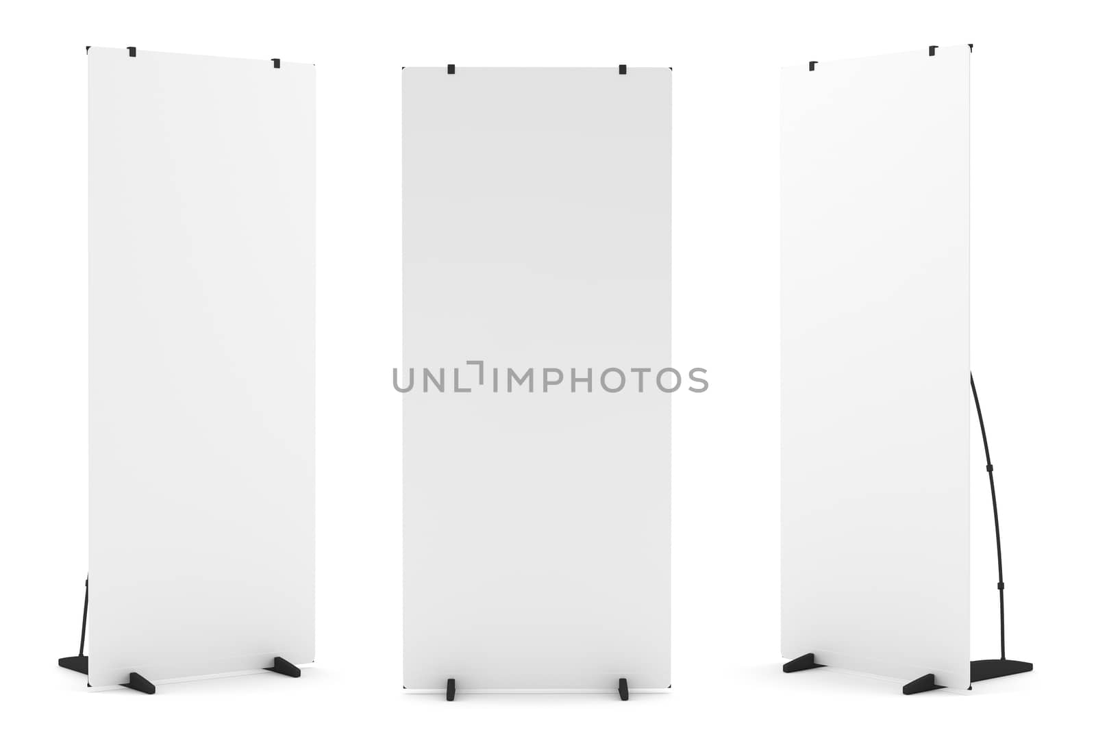 Blank roll-up banner display, isolated on white. 3d illustration