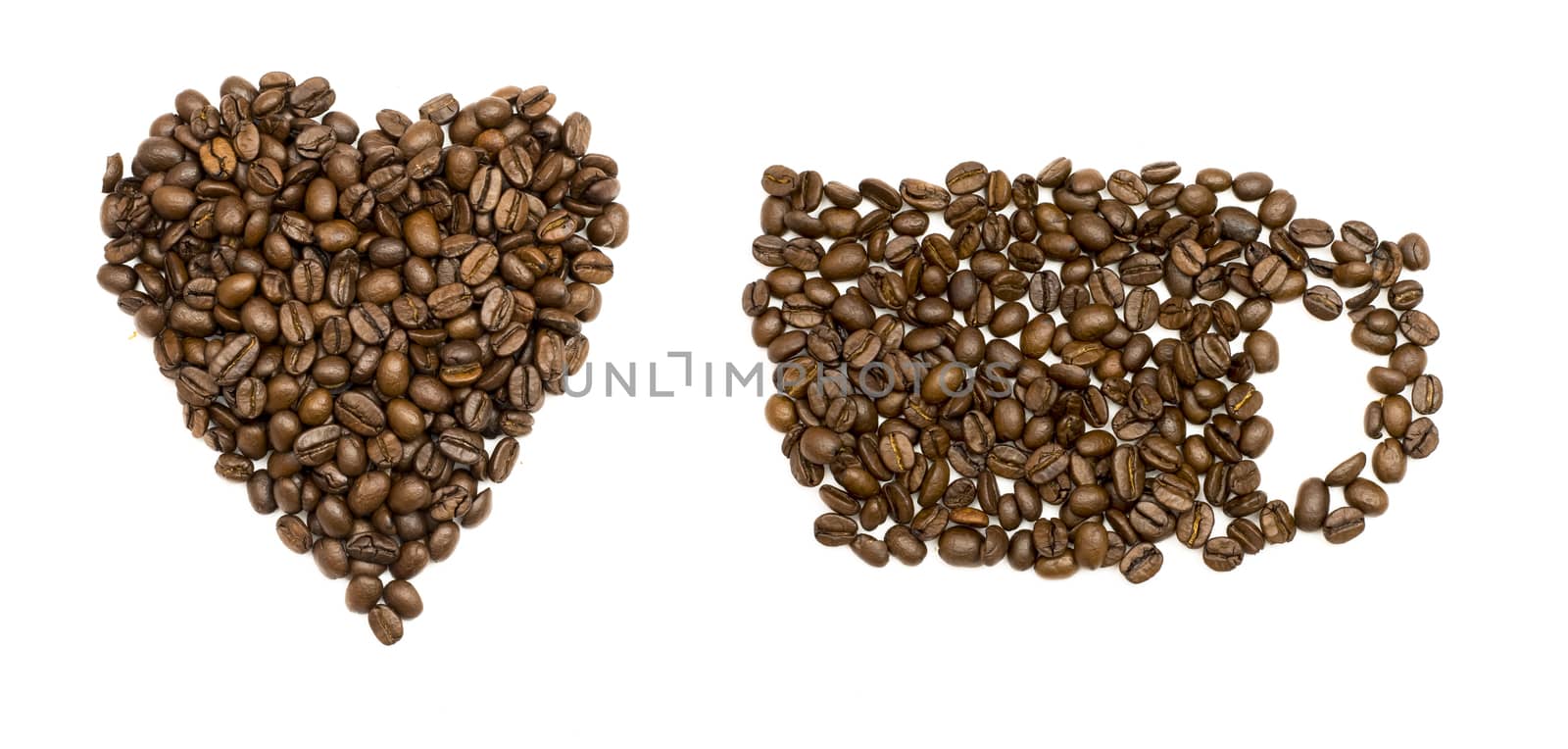 Coffee beans in heart and cup shapes by cherezoff