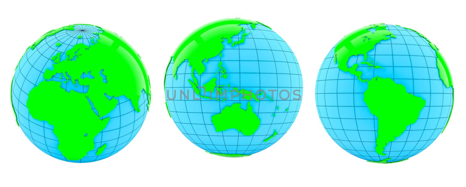 Set of Earths in different rotation phases. 3d illustration