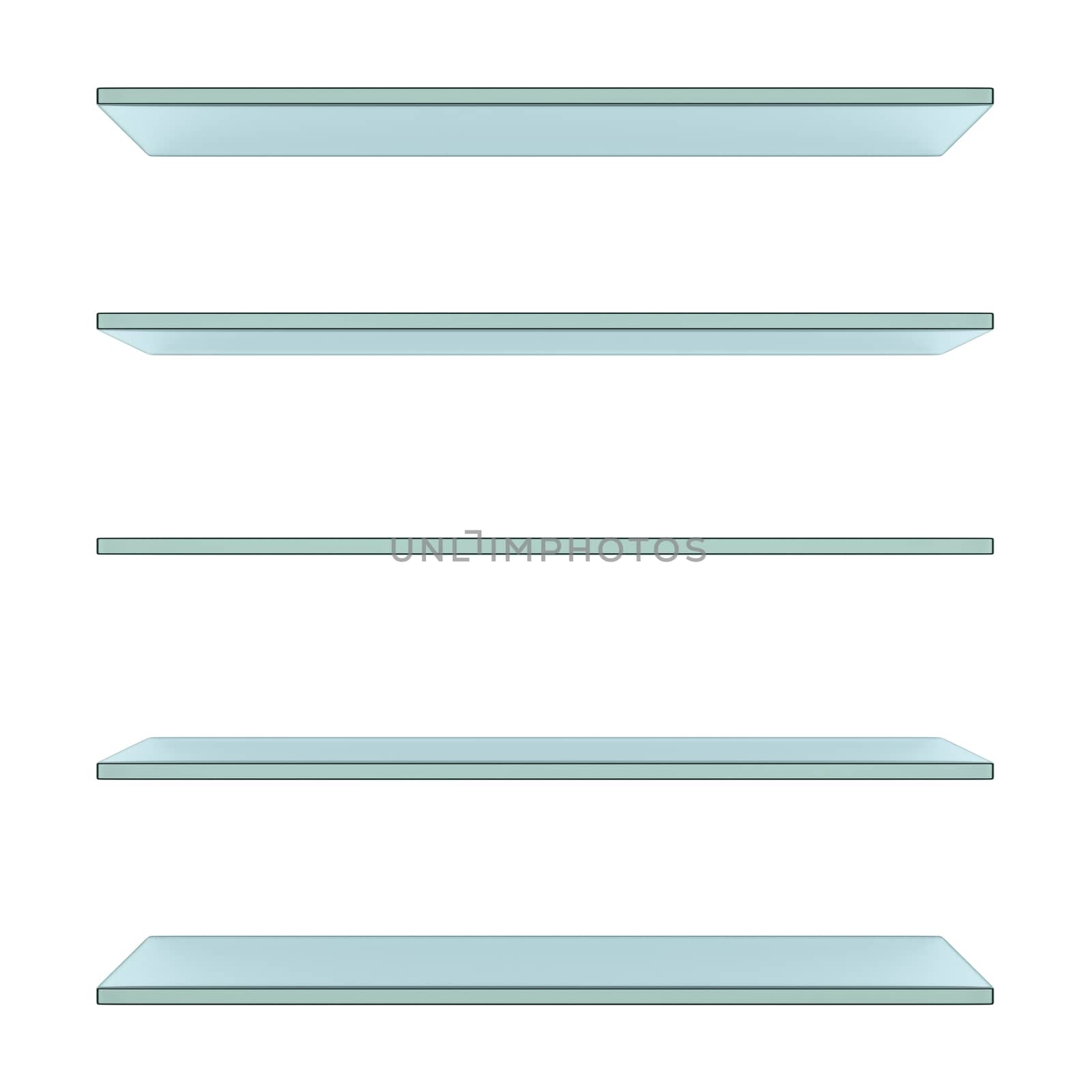 Realistic transparent glass shelves on white background. 3d illustration
