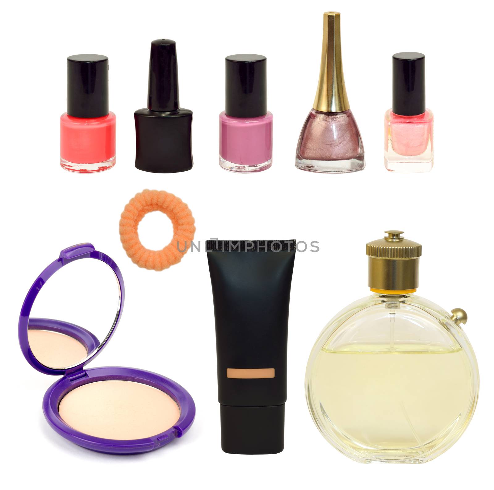 Set for makeup on white background. Nail polish, powder, foundation, toilet water and hair band