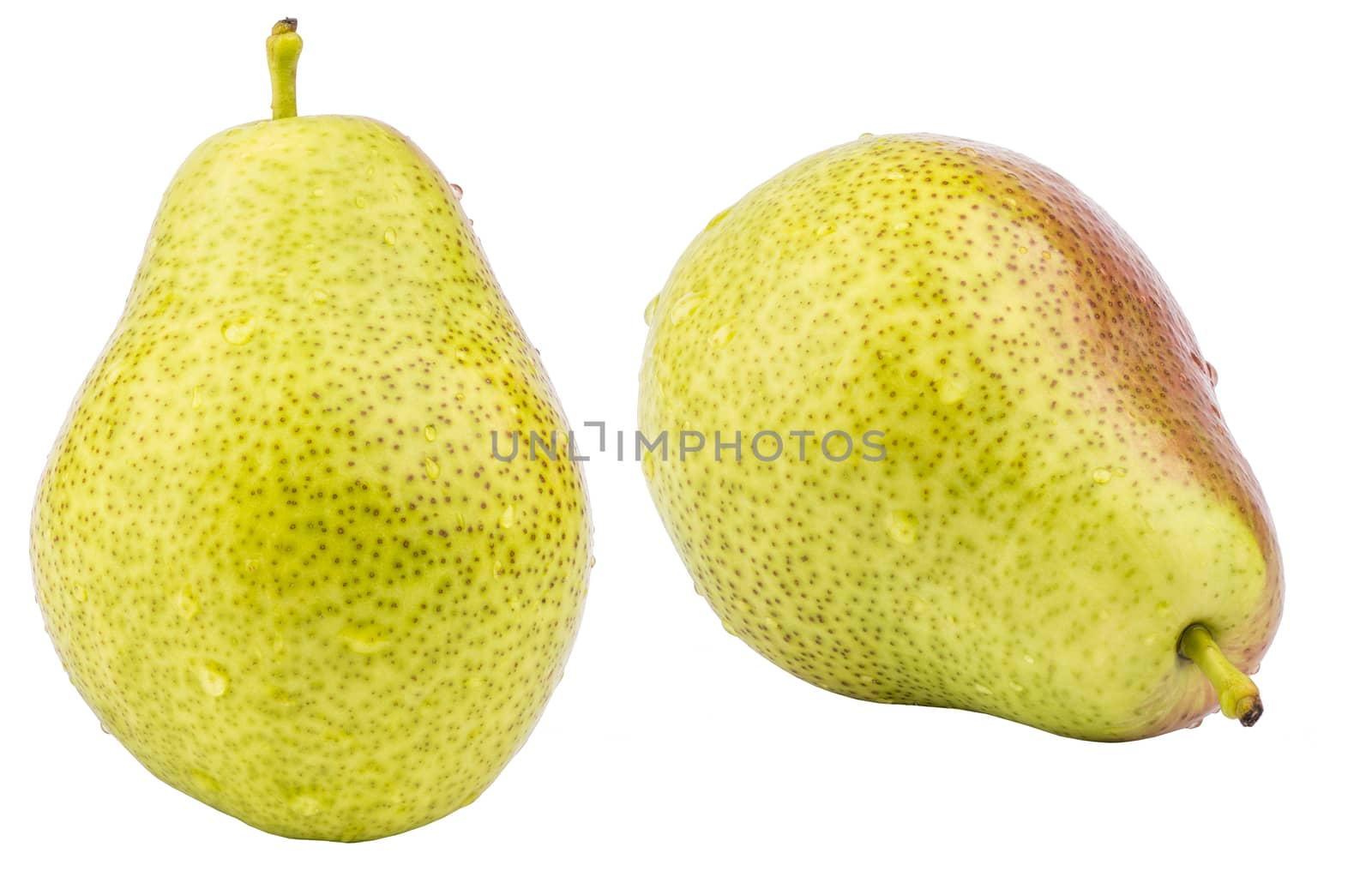 Two ripe yellow pear fruits isolated on white background