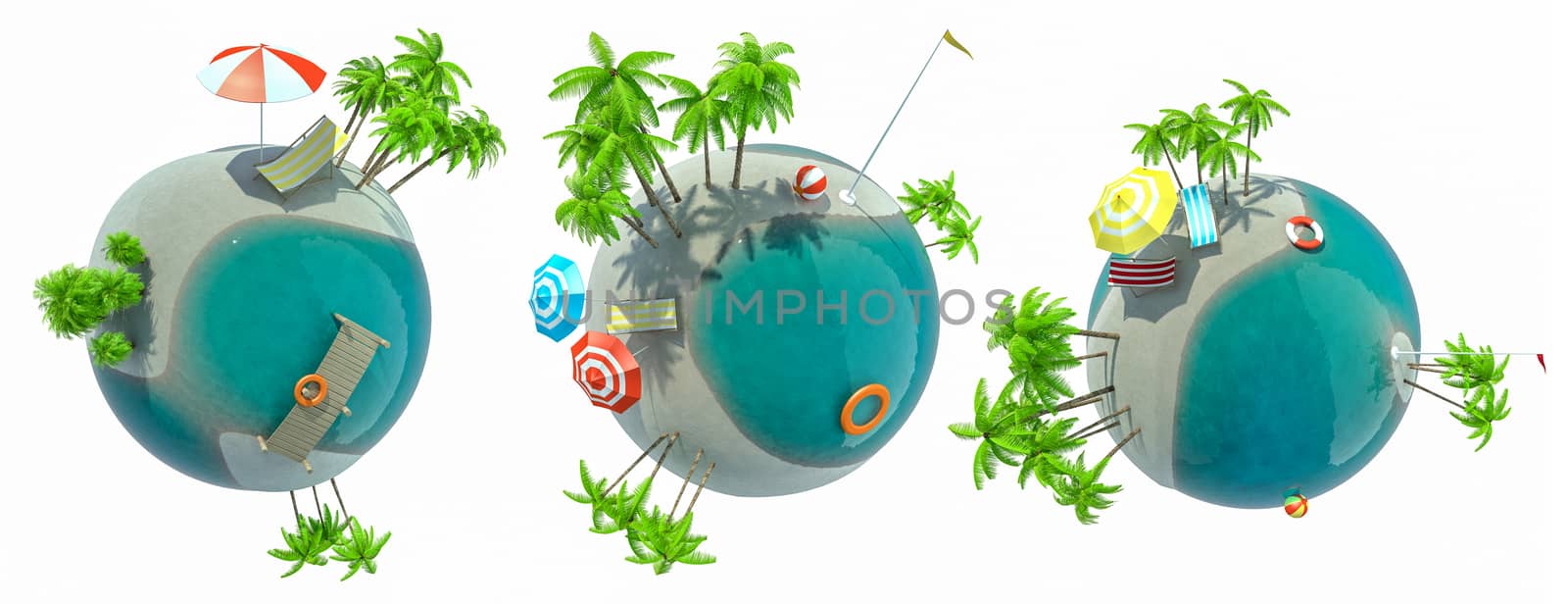Set of paradise island globe as concept for exotic travel. Isolated on white. 3d illustration