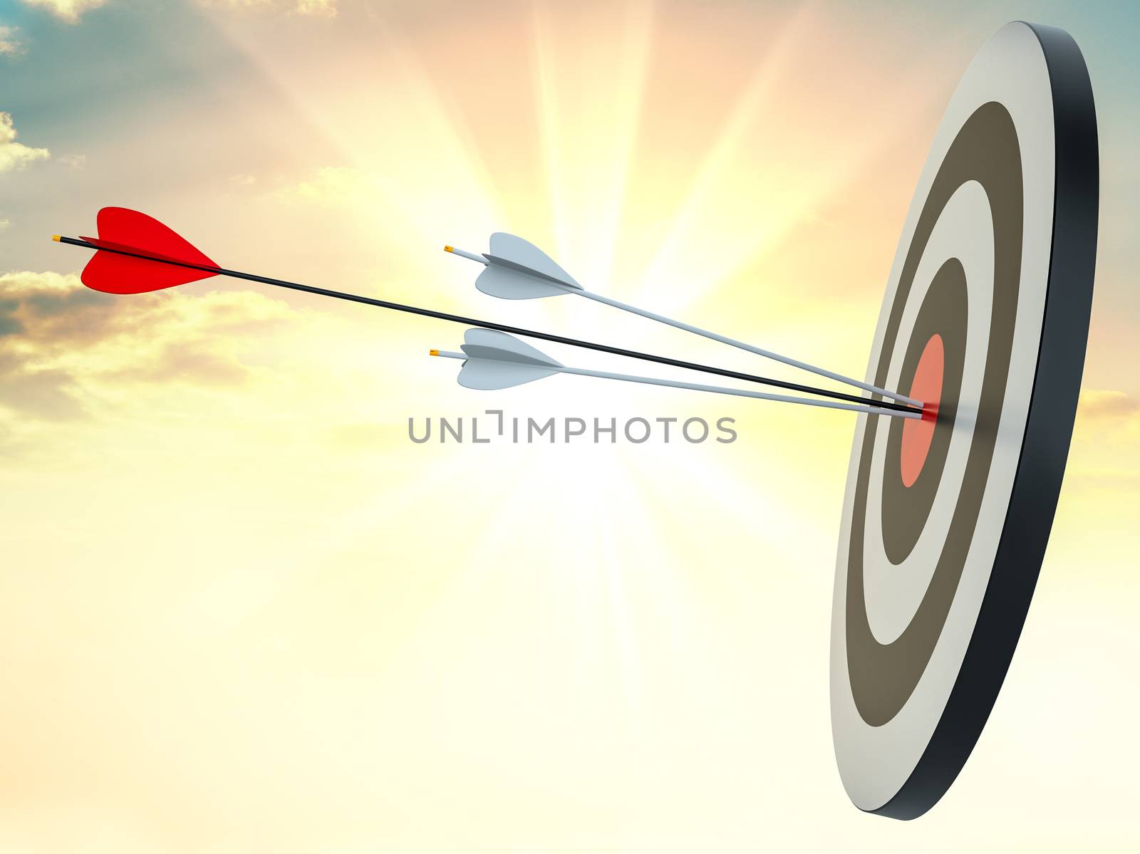 Target hit in center by arrows. 3d illustration. Sunrise on background