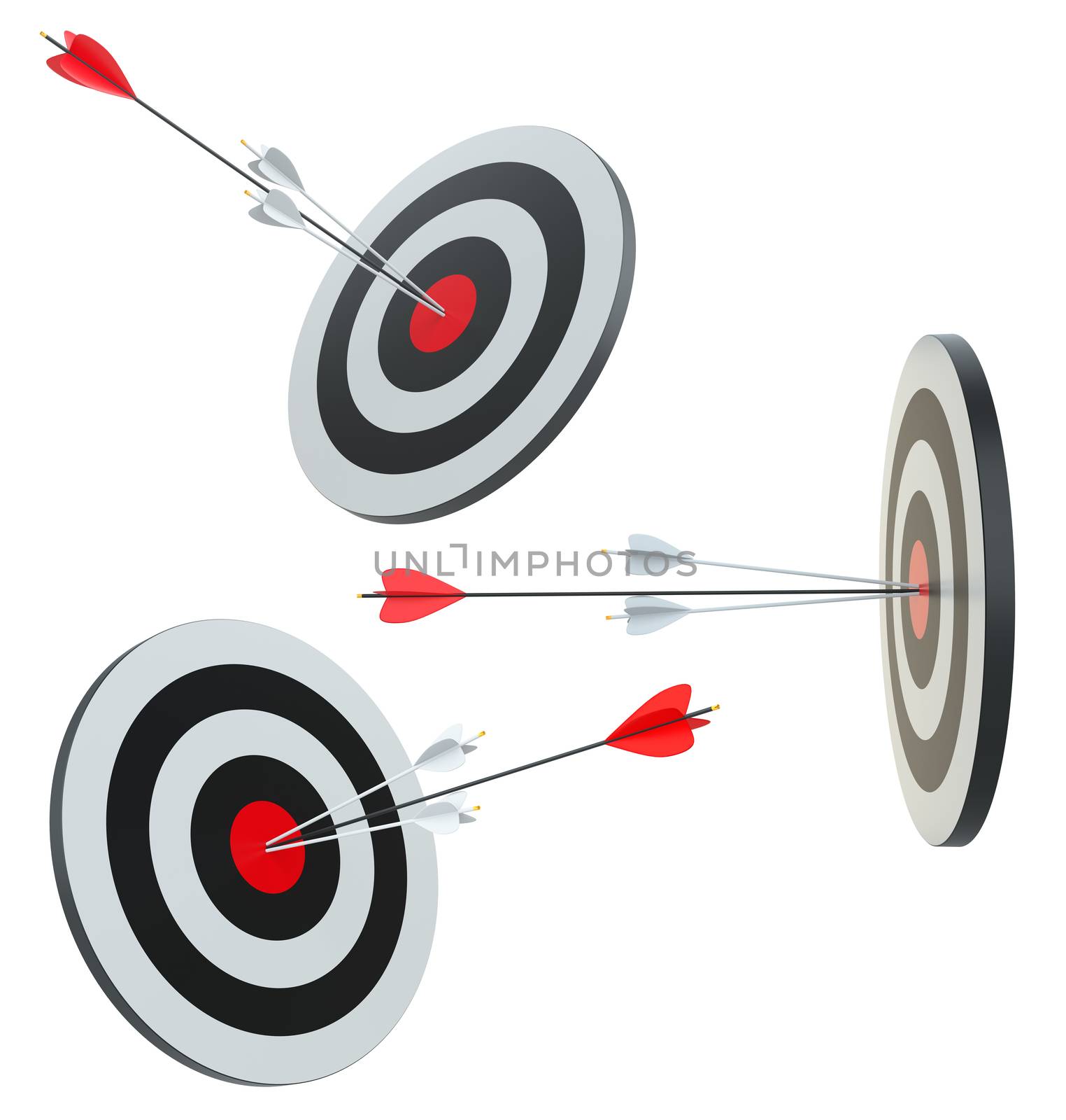 Target hit in the center by arrows. Set targets. 3d illustration