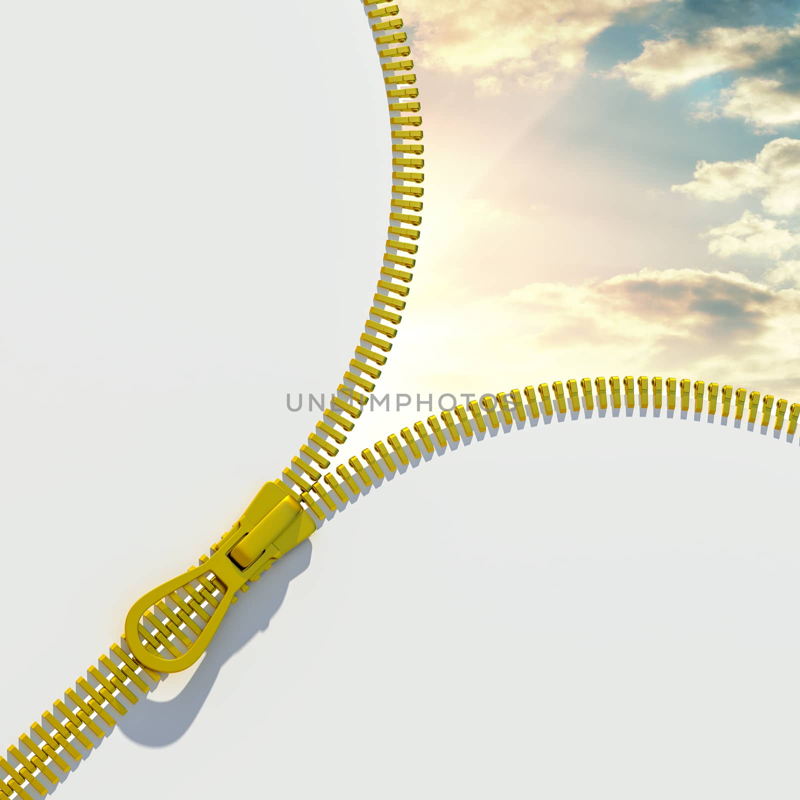 Opened zipper revealing a sky background. 3d illustration