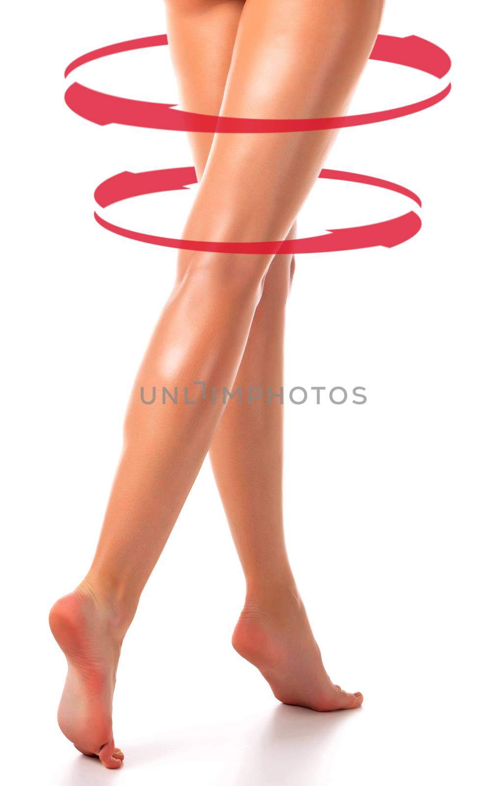 Long woman's legs with red arrows around them, isolated on white background