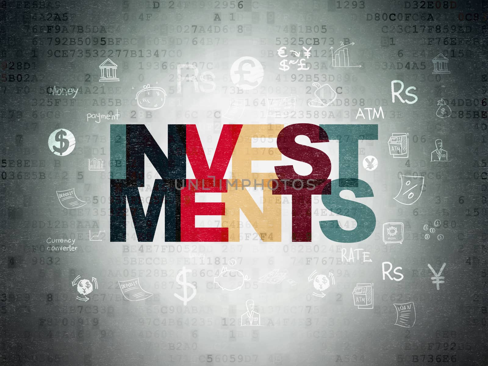 Money concept: Painted multicolor text Investments on Digital Data Paper background with  Hand Drawn Finance Icons