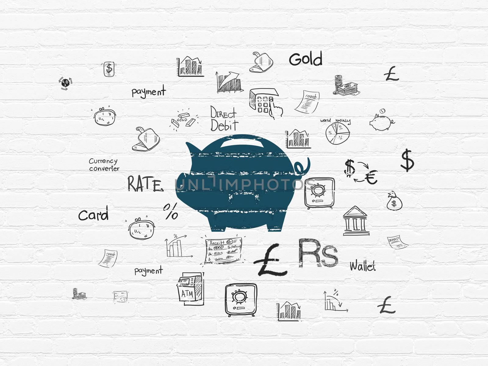 Currency concept: Painted blue Money Box icon on White Brick wall background with  Hand Drawn Finance Icons