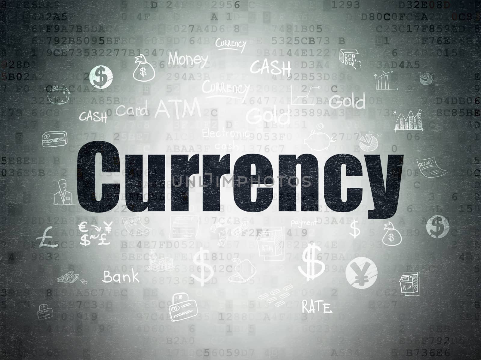 Currency concept: Painted black text Currency on Digital Data Paper background with  Hand Drawn Finance Icons